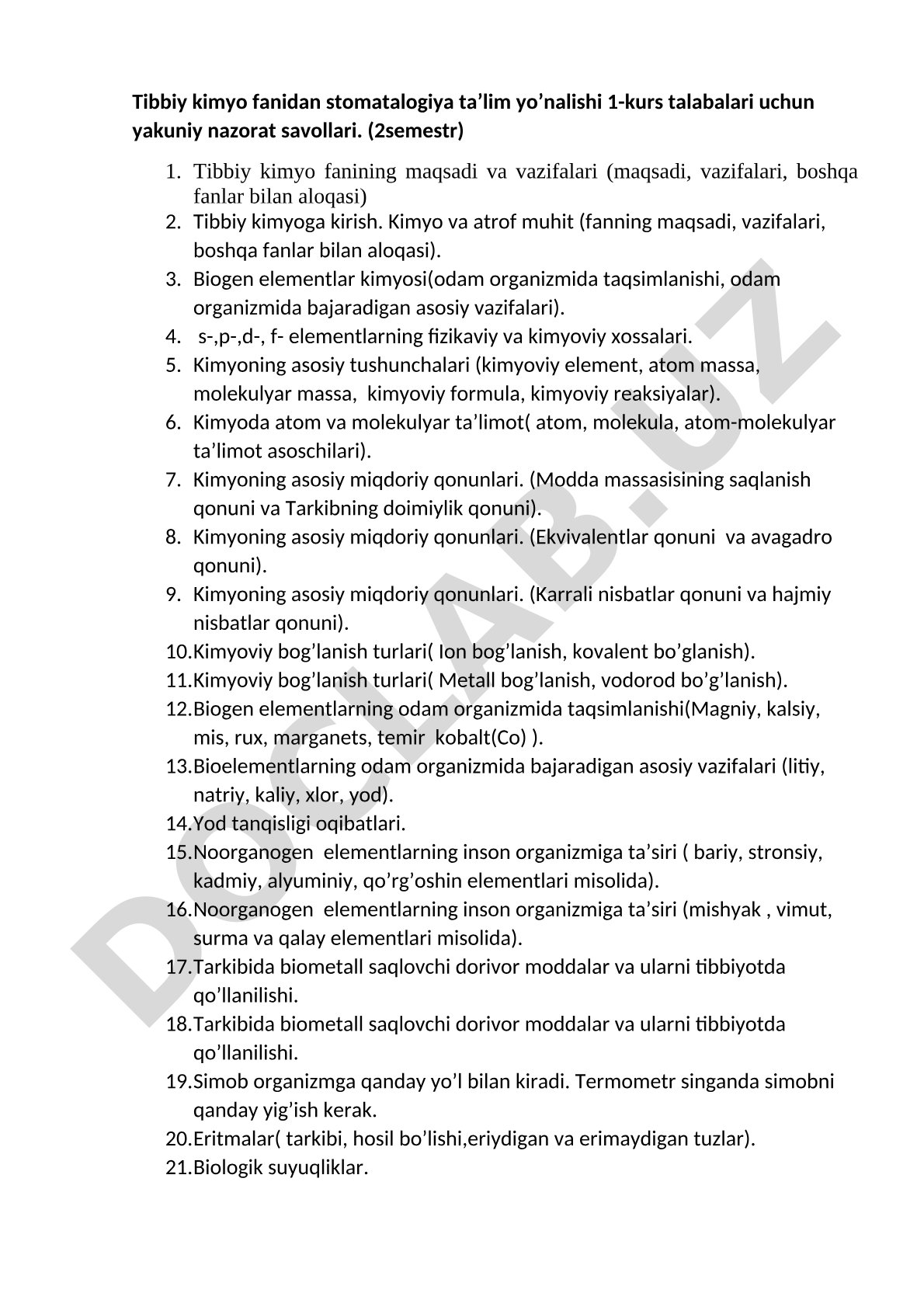 Tibbiy kimyo fanidan stomatologiya ta'lim yo'nalishi 1-kurs talabalari uchun yakuniy nazorat savollari (2-semestr)