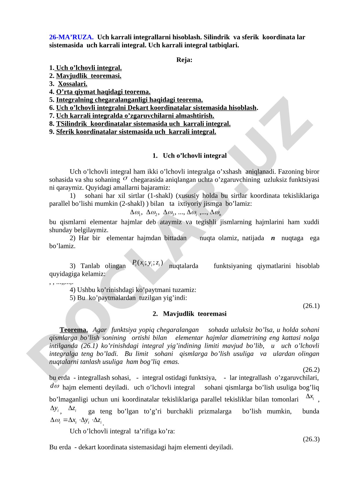 Uch karrali integralni silindrik va sferik koordinatalar sistemasida hisoblash