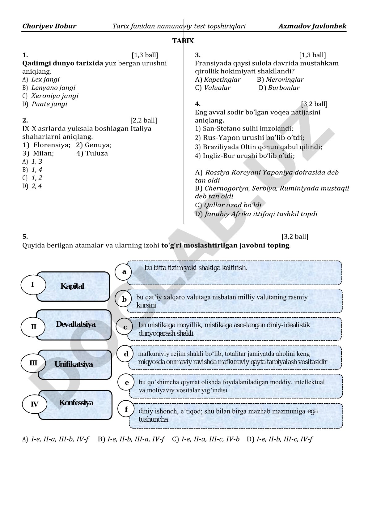 Tarix fanidan namunaviy test topshiriqlari