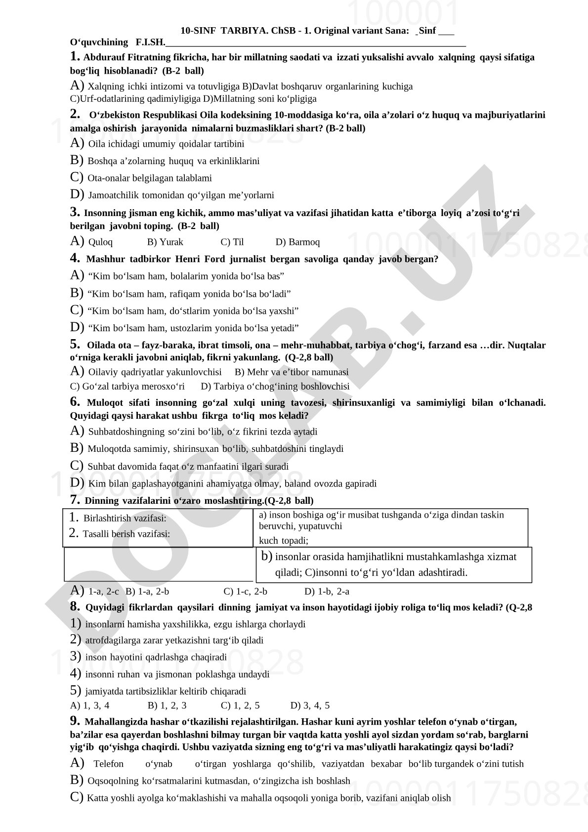 10-sinf Tarbiya fanidan ChSB test savollari