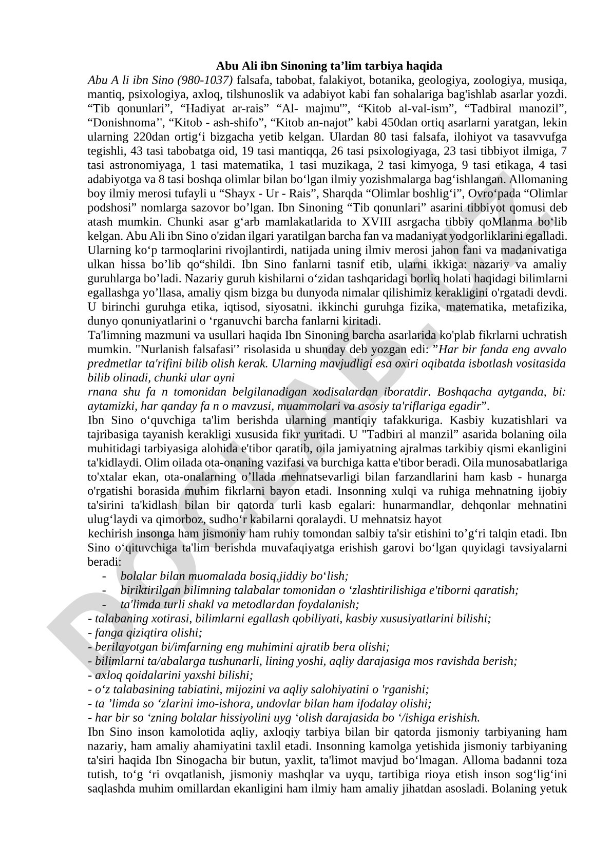Abu Ali ibn Sinoning ta’lim tarbiya haqida