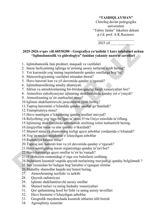 Iqlimshunoslik va gidrologiya fanidan yakuniy nazorat savollari
