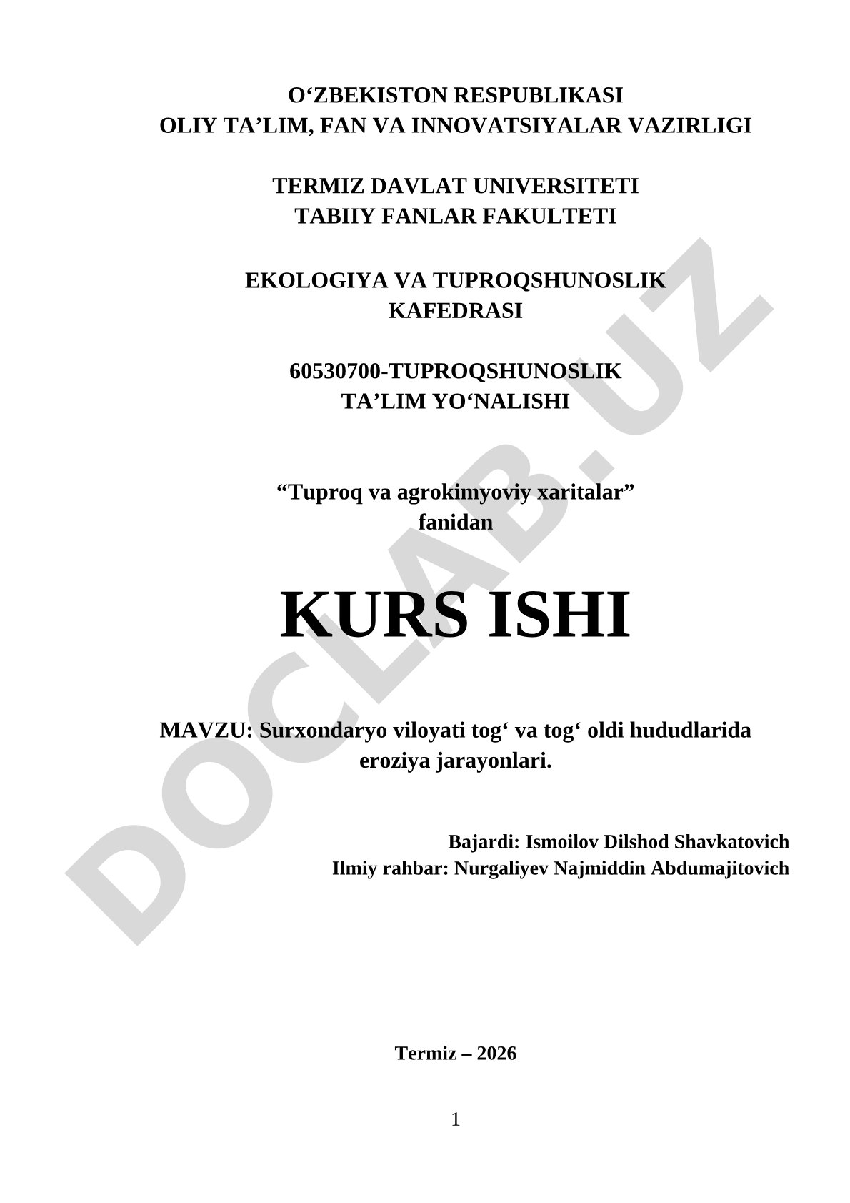 Surxondaryo viloyati tog' va tog' oldi hududlarida eroziya jarayonlari