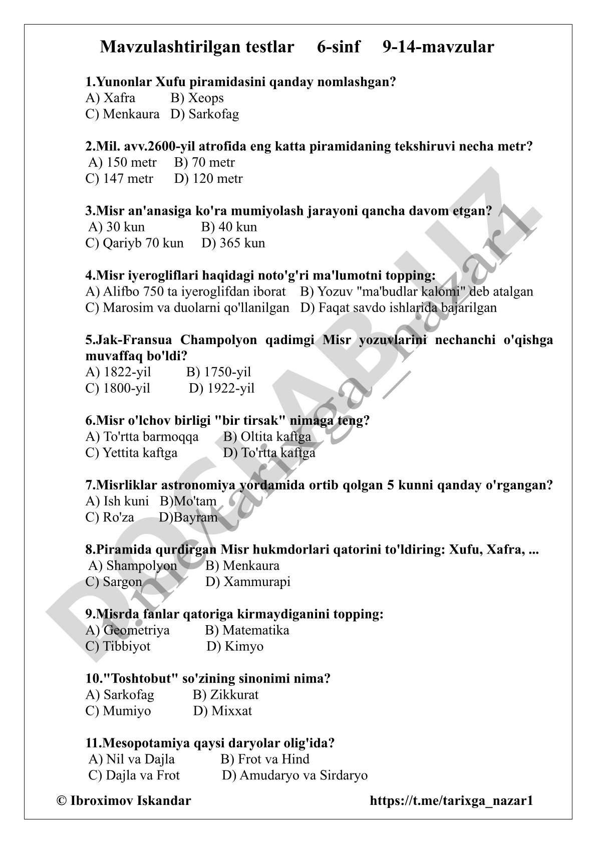 Qadimgi Misr tarixi 6-sinf 9-14-mavzular testlari