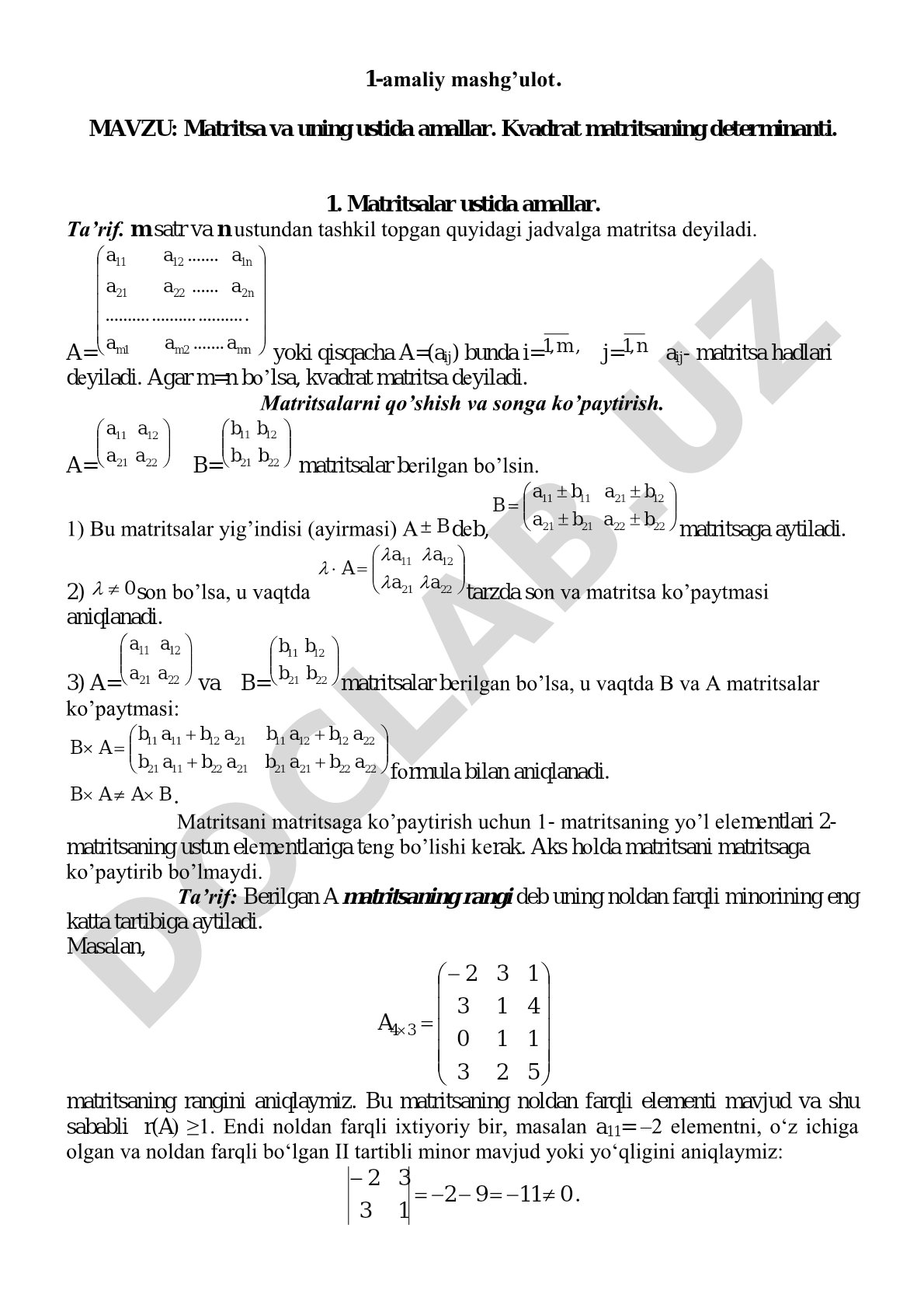 Matritsa va uning ustida amallar. Kvadrat matritsaning determinanti