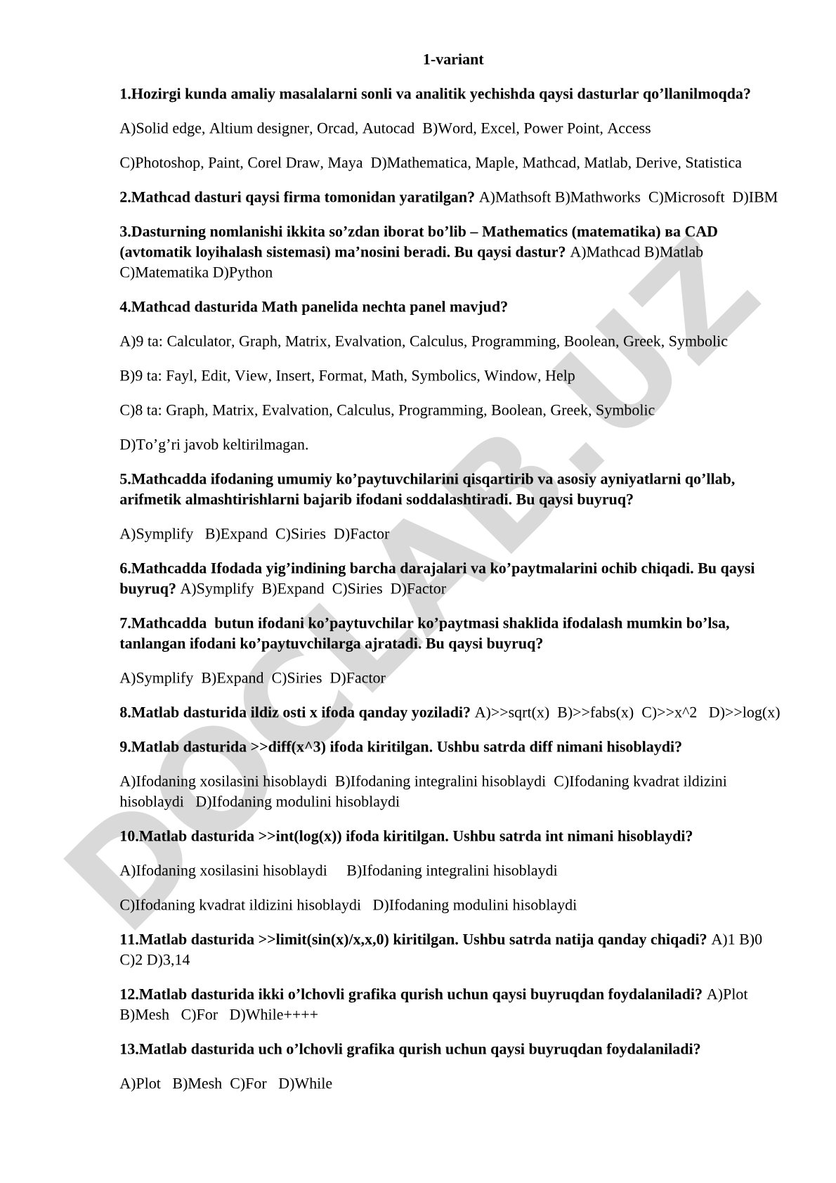 Mathcad dasturi haqida test savollari