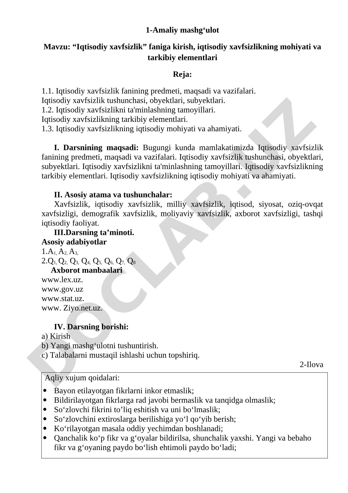 Iqtisodiy xavfsizlik faniga kirish, iqtisodiy xavfsizlikning mohiyati va tarkibiy elementlari
