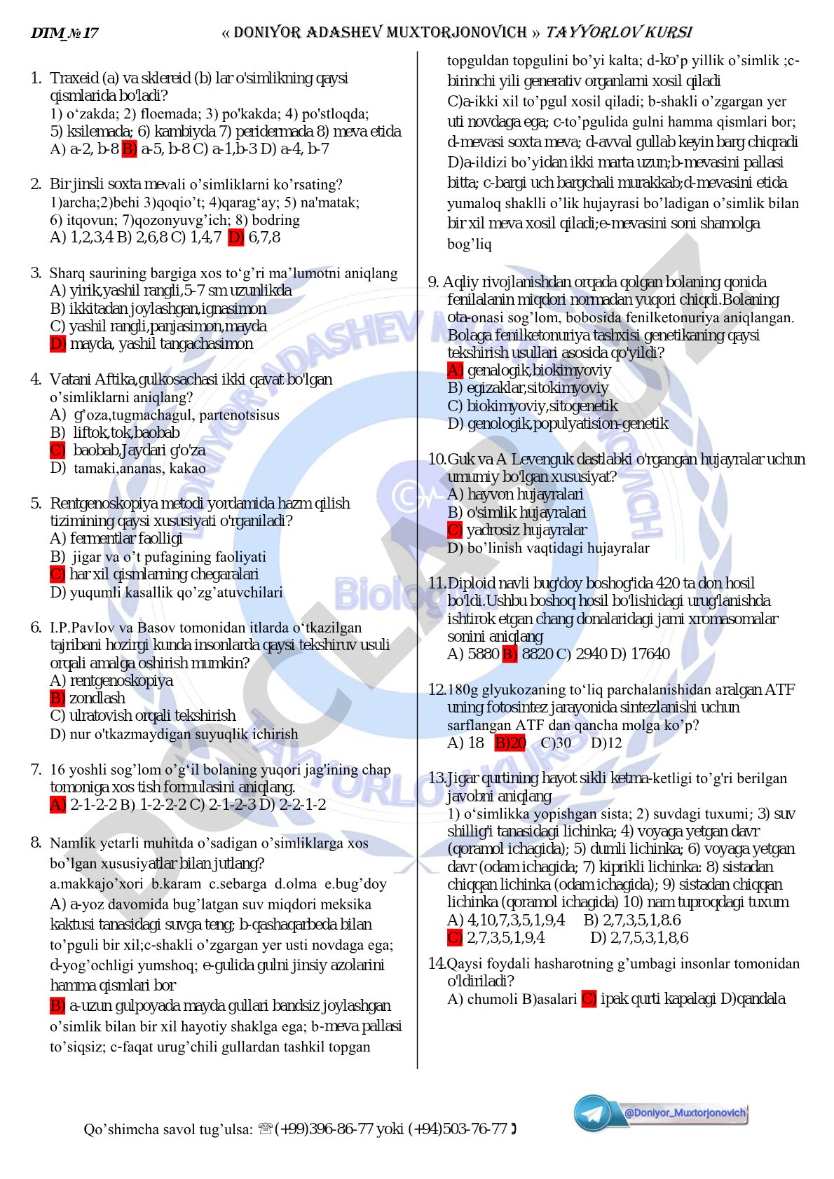 Biologiya fanidan test savollari