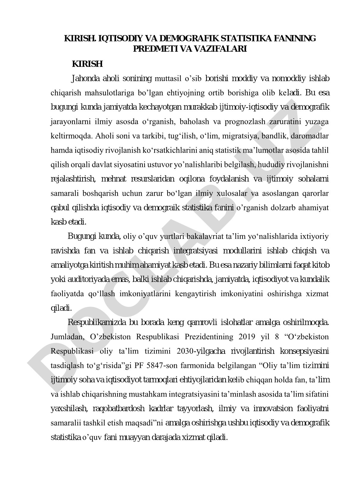 Iqtisodiy va demografik statistika fanining predmeti va vazifalari