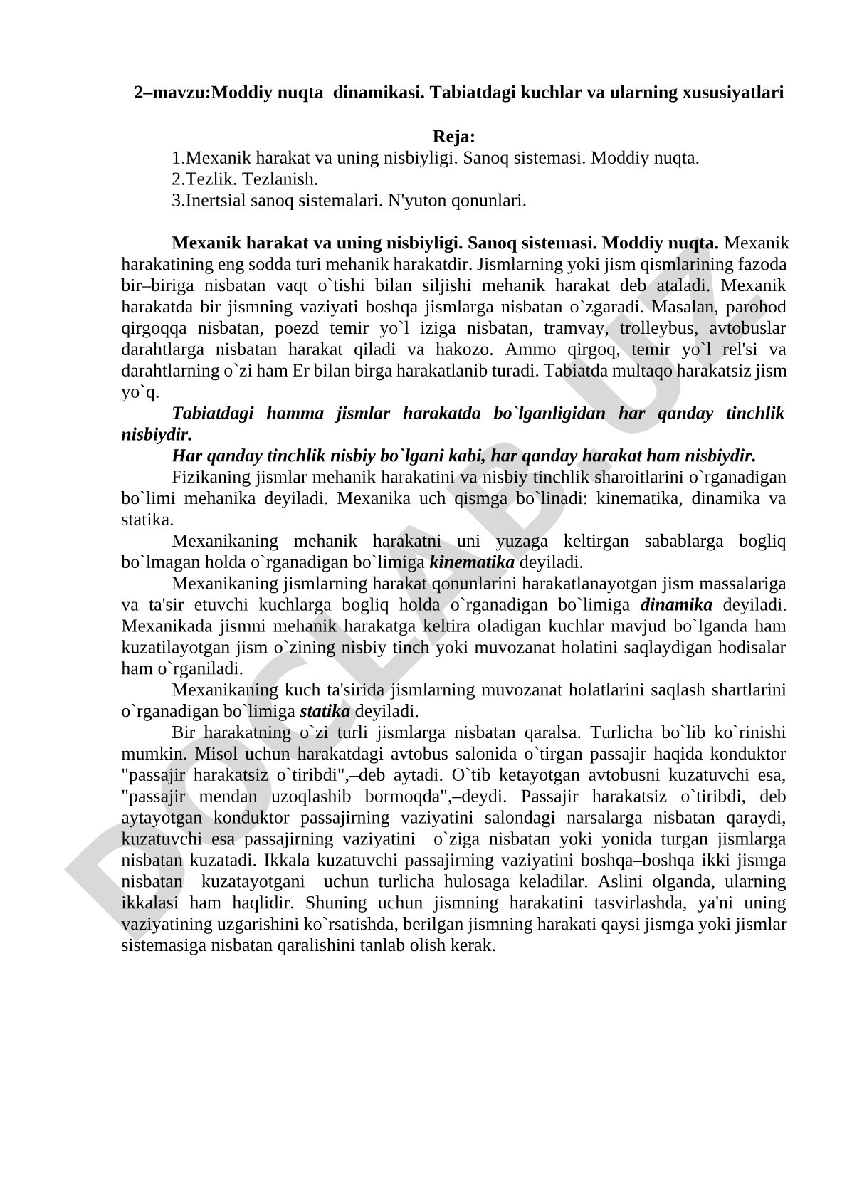 Moddiy nuqta dinamikasi. Tabiatdagi kuchlar va ularning xususiyatlari