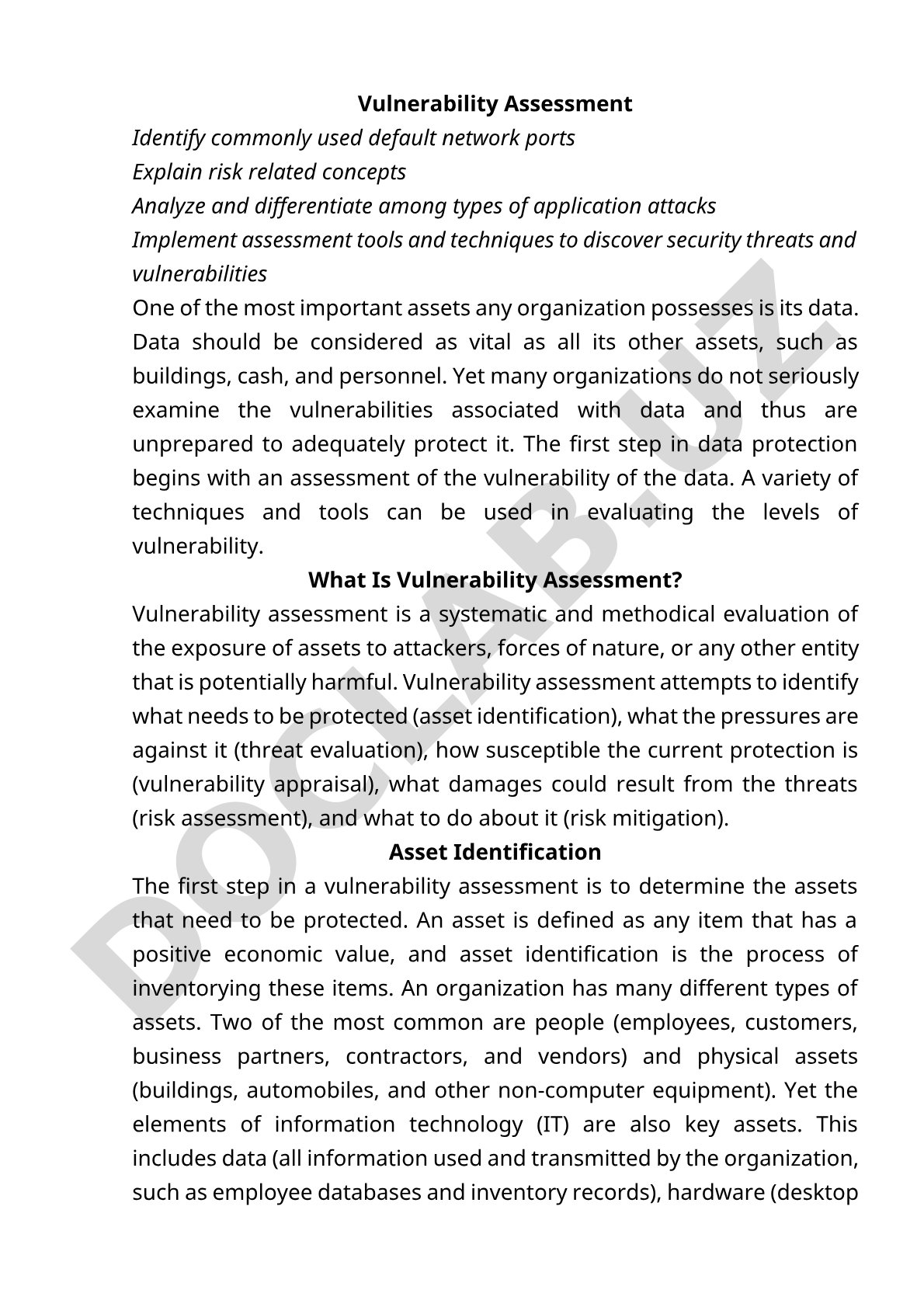 Covers vulnerability assessment, network ports, risk concepts, and security assessment