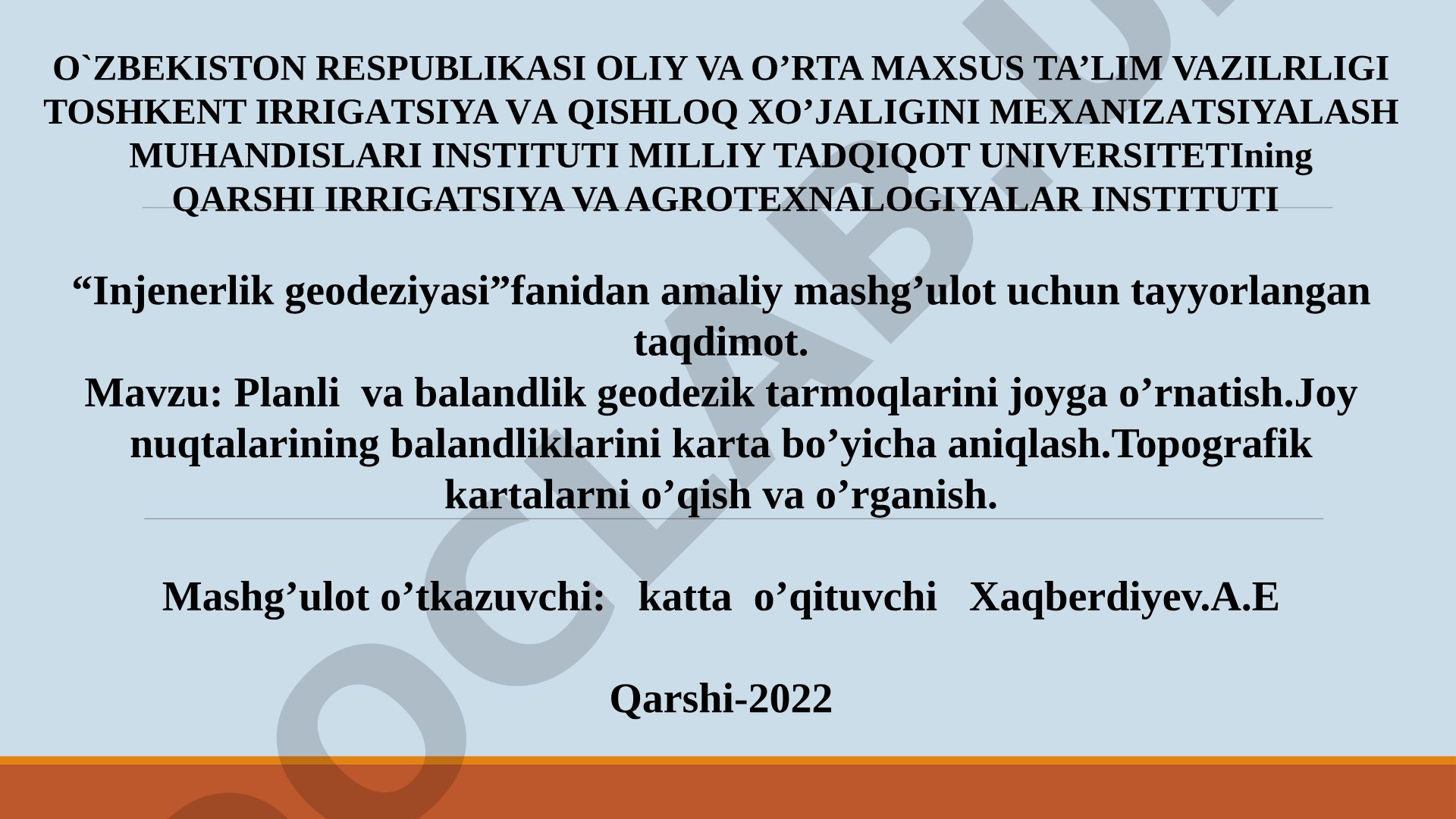 Planli va balandlik geodezik tarmoqlarini joyga o’rnatish.Joy nuqtalarining balandliklarini karta bo’yicha aniqlash.Topografik kartalarni o’qish va o’rganish
