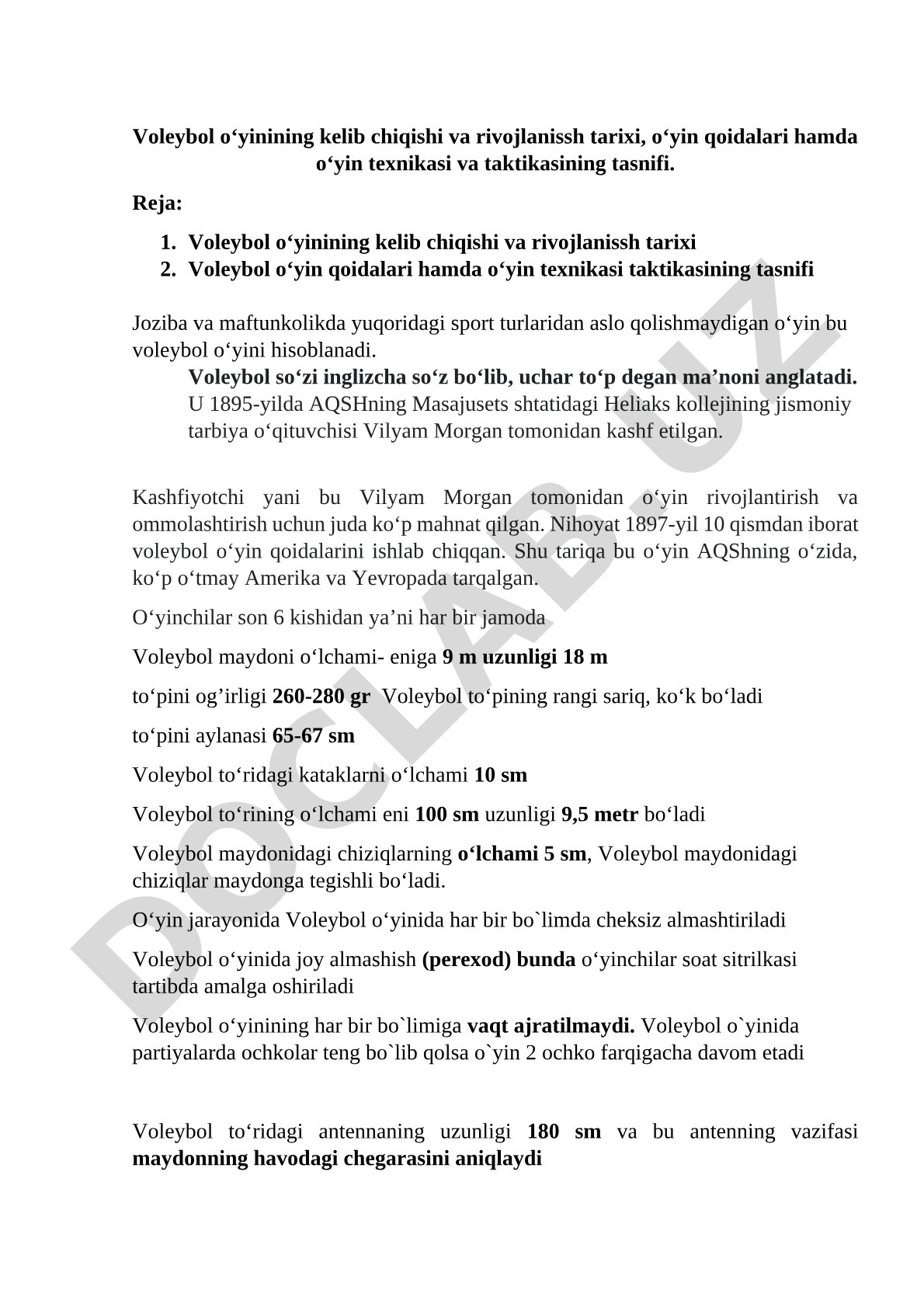 Voleybol o‘yinining kelib chiqishi va rivojlanissh tarixi