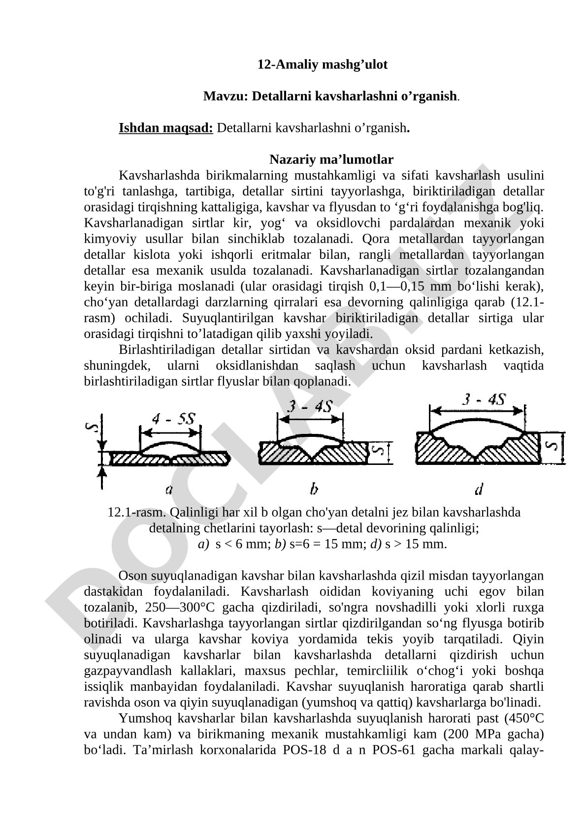 Kavsharlash usullari, sirtlarni tayyorlash, flyuslar va kavshar tanlash haqida amaliy