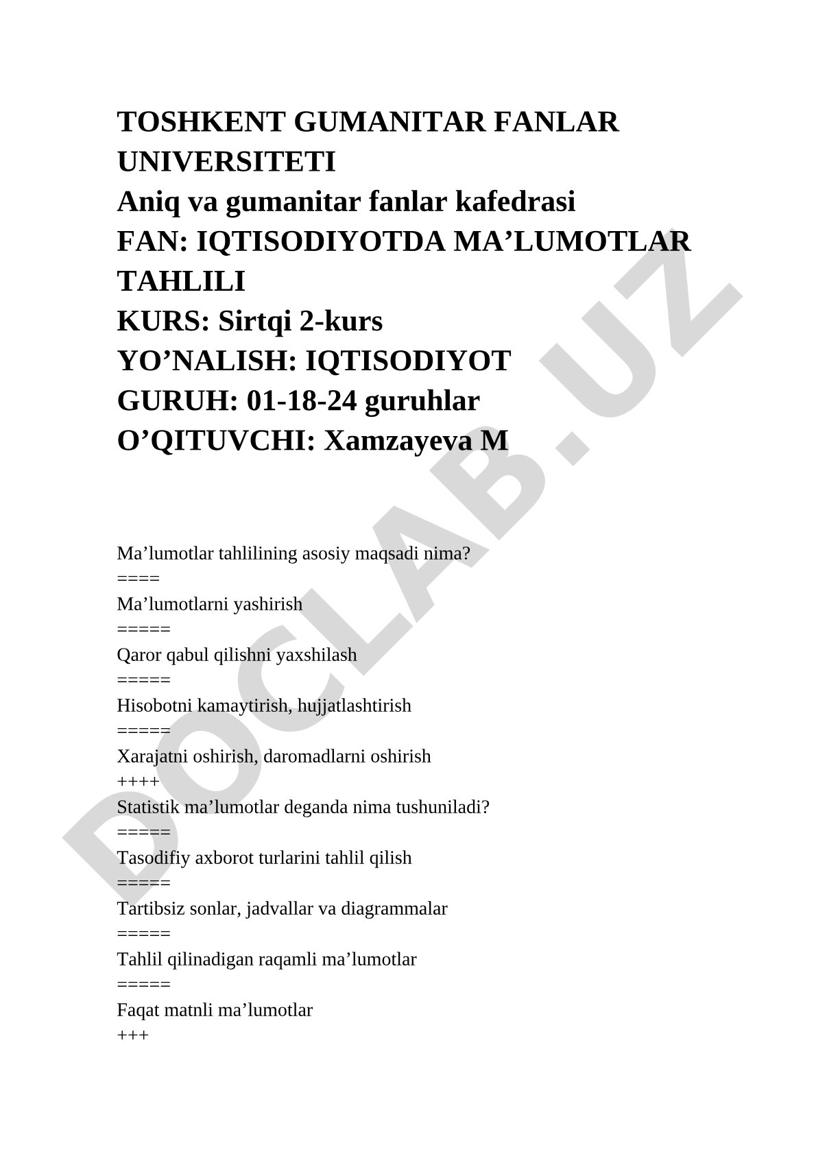 Iqtisodiyotda ma'lumotlar tahlili fanidan test savollari