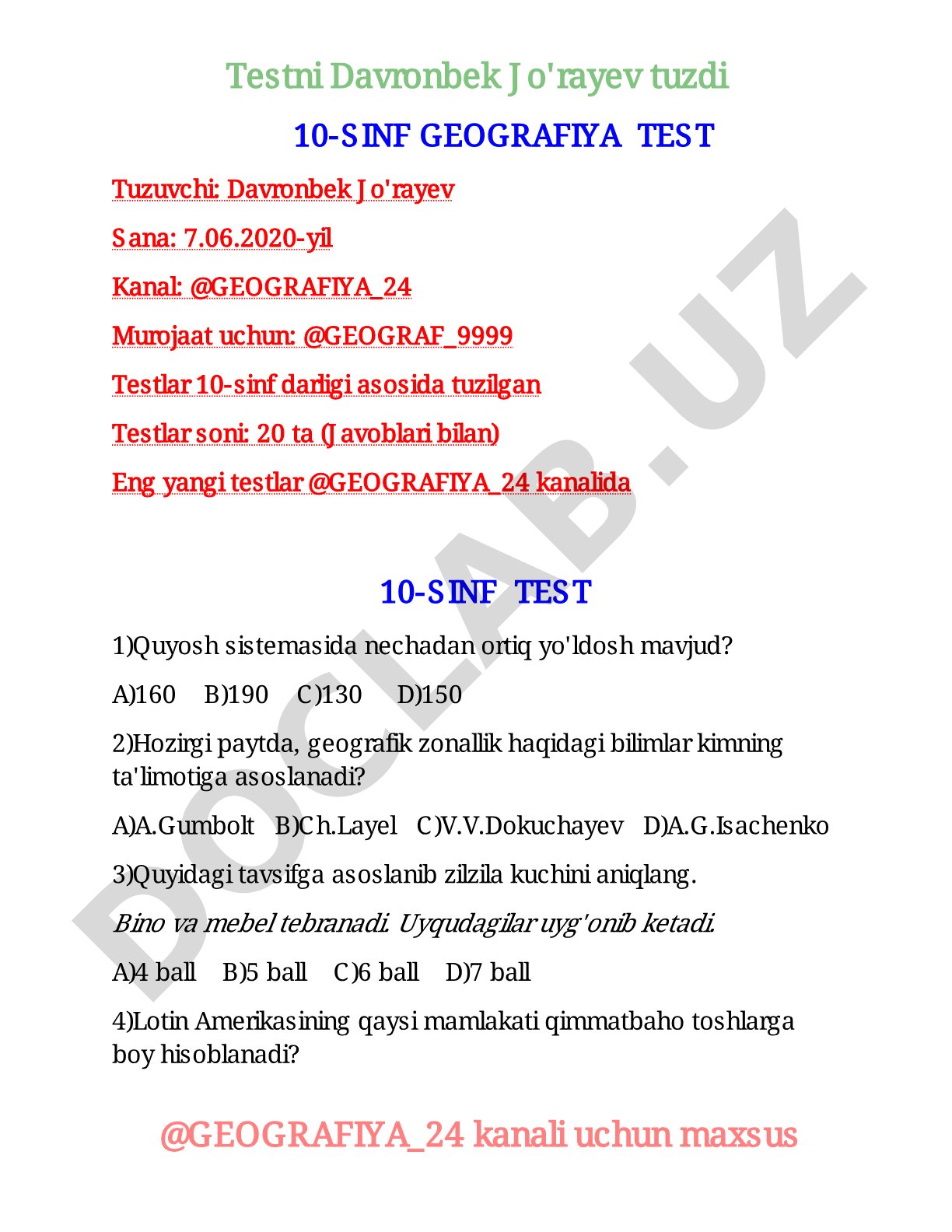 10-sinf geografiya fanidan 20 ta test savollari javoblari bilan