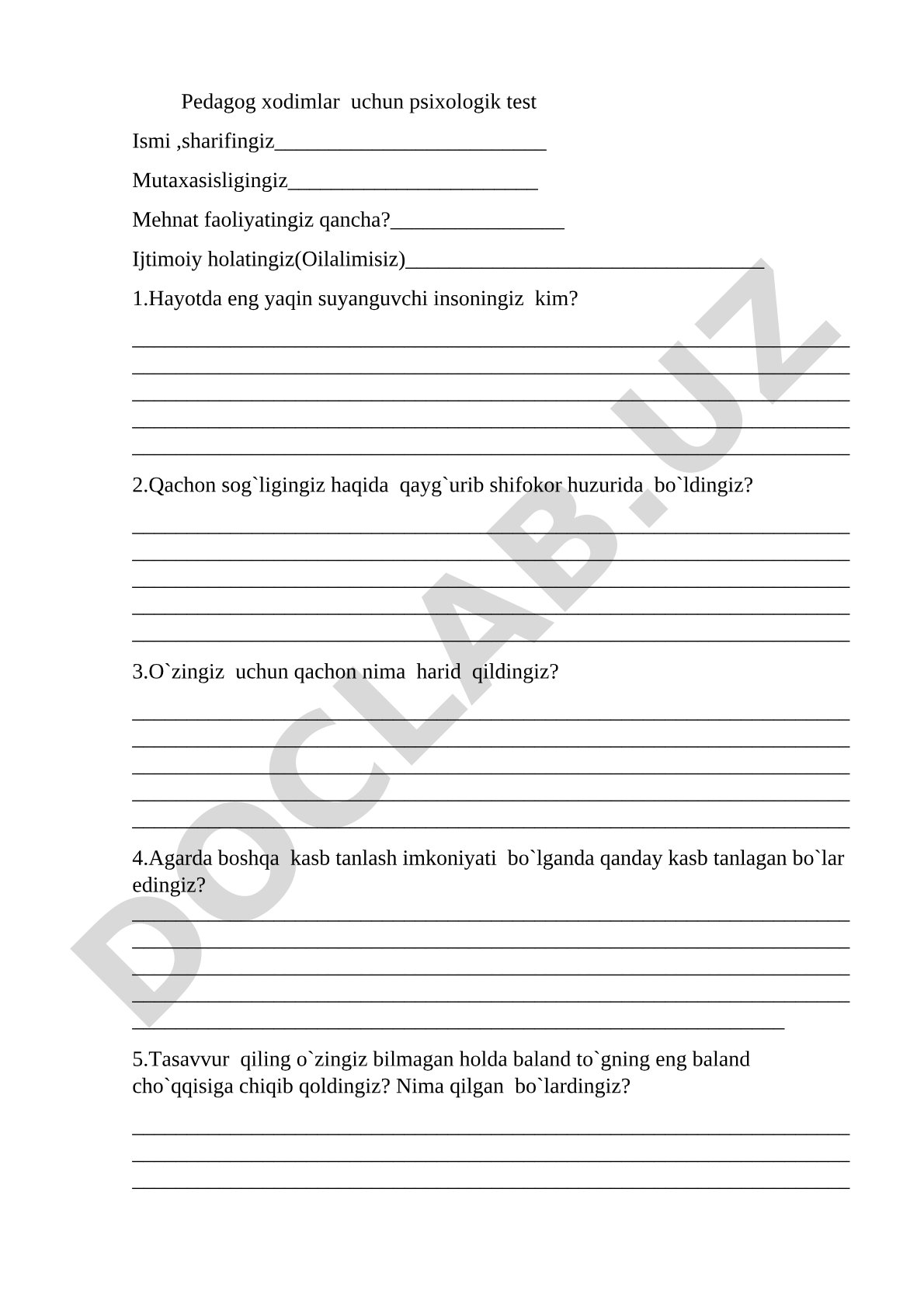 Pedagog xodimlar uchun psixologik test