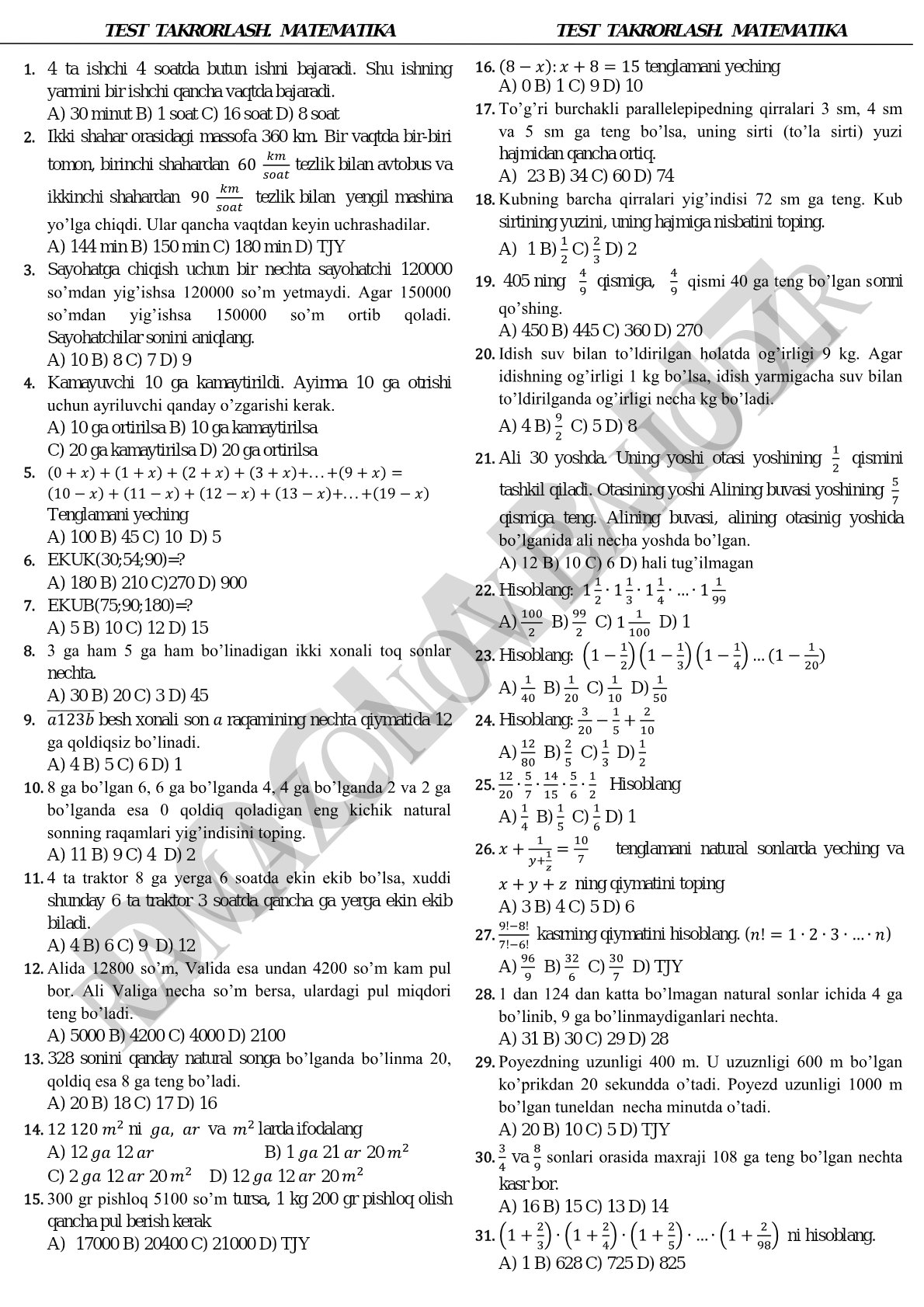 Matematika test takrorlash