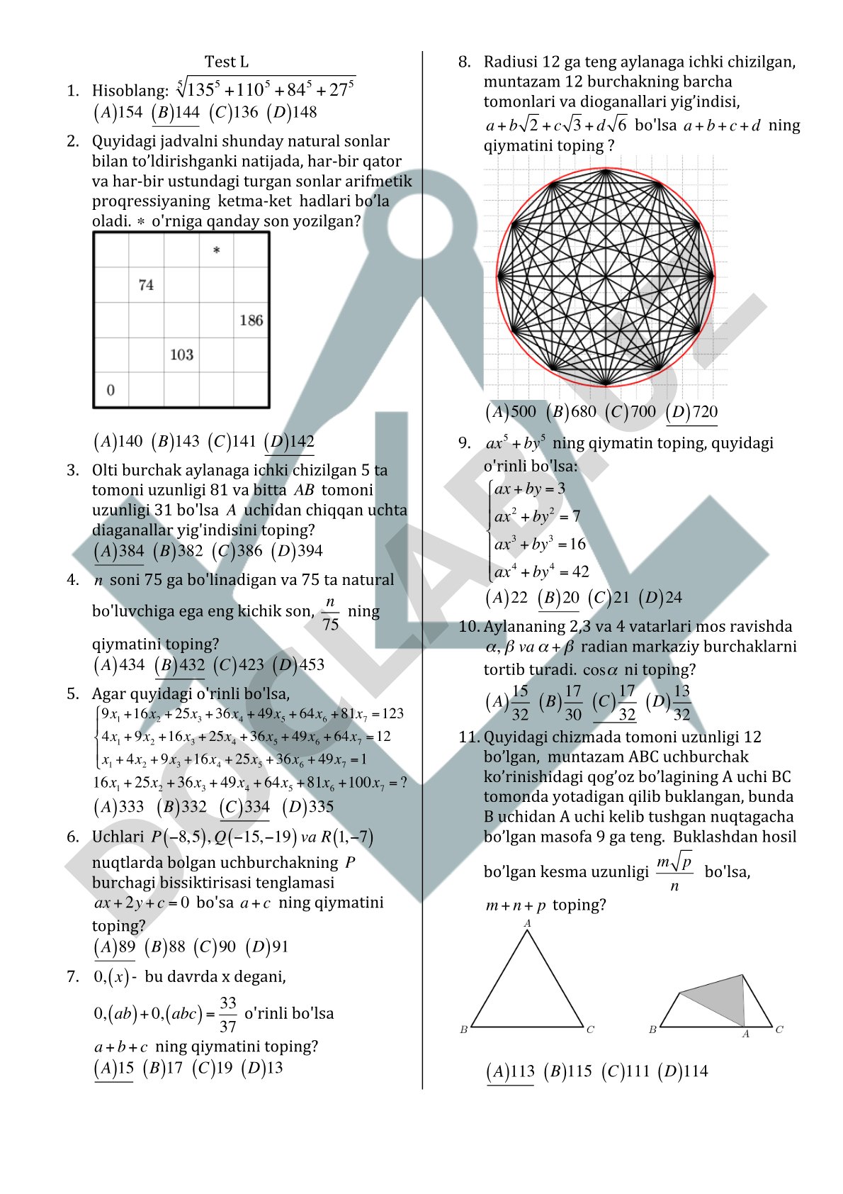 Matematika test masalalari
