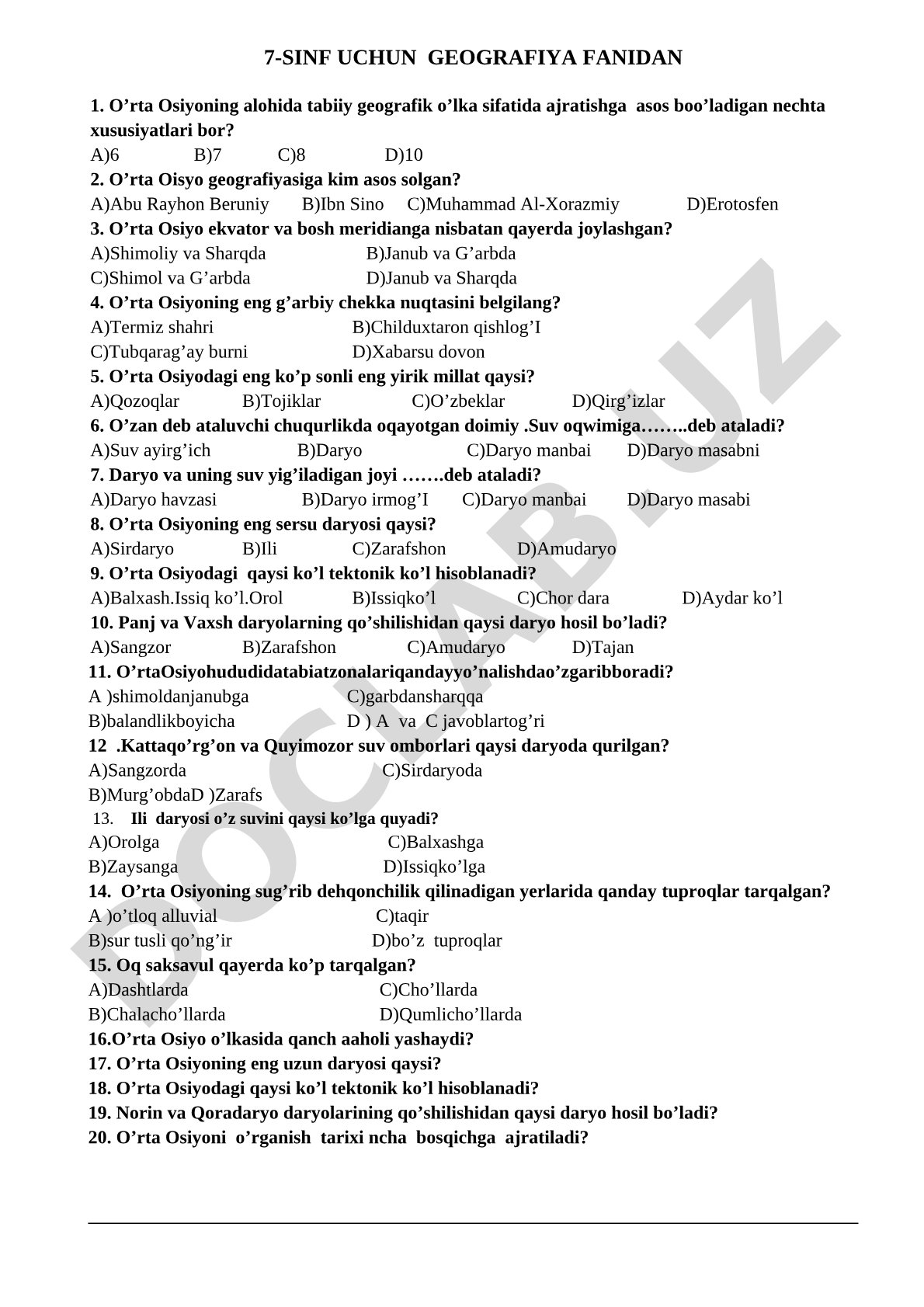 O'rta Osiyo geografiyasidan 7-sinf test savollari