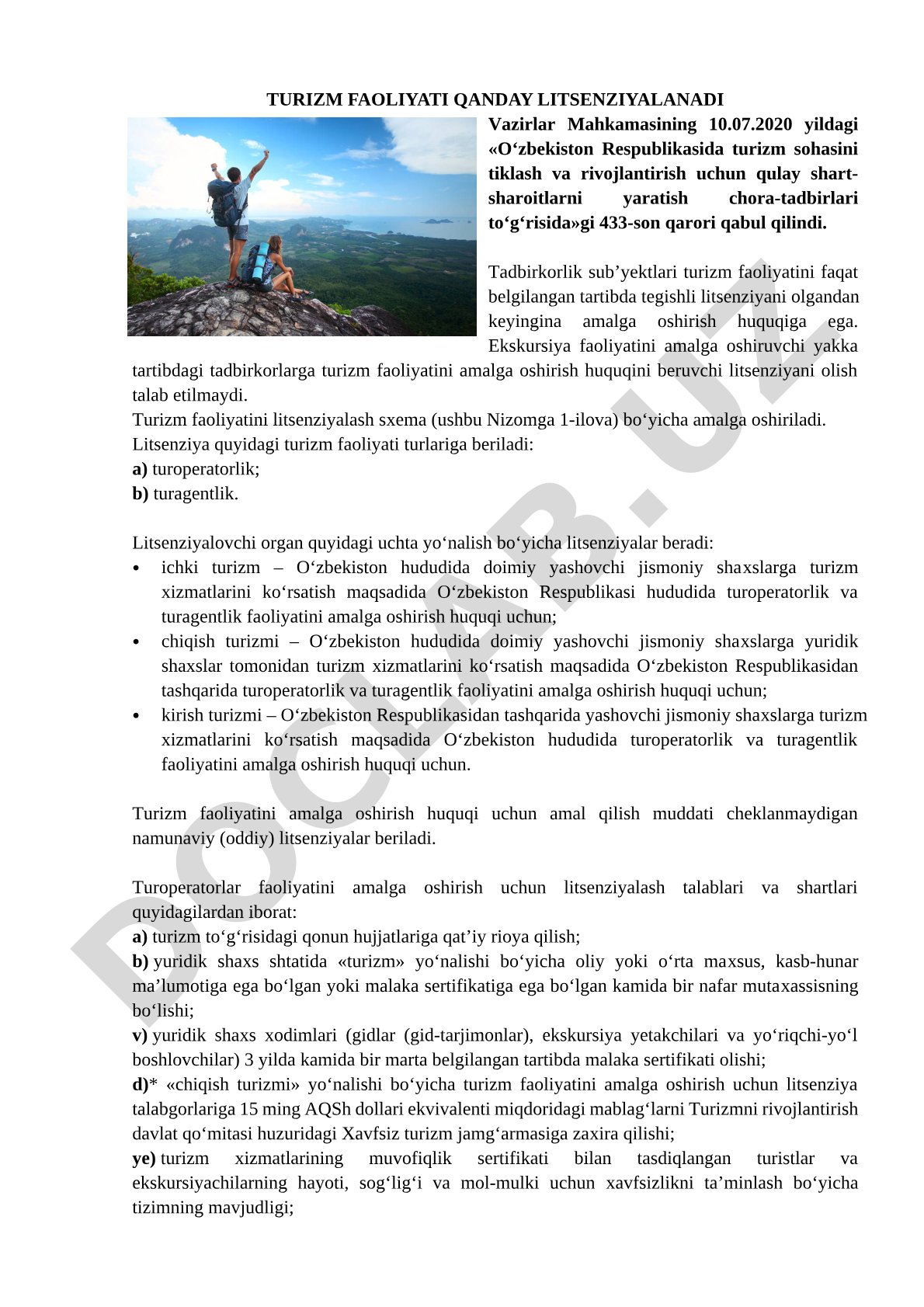 Turizm faoliyatini litsenziyalash tartibi