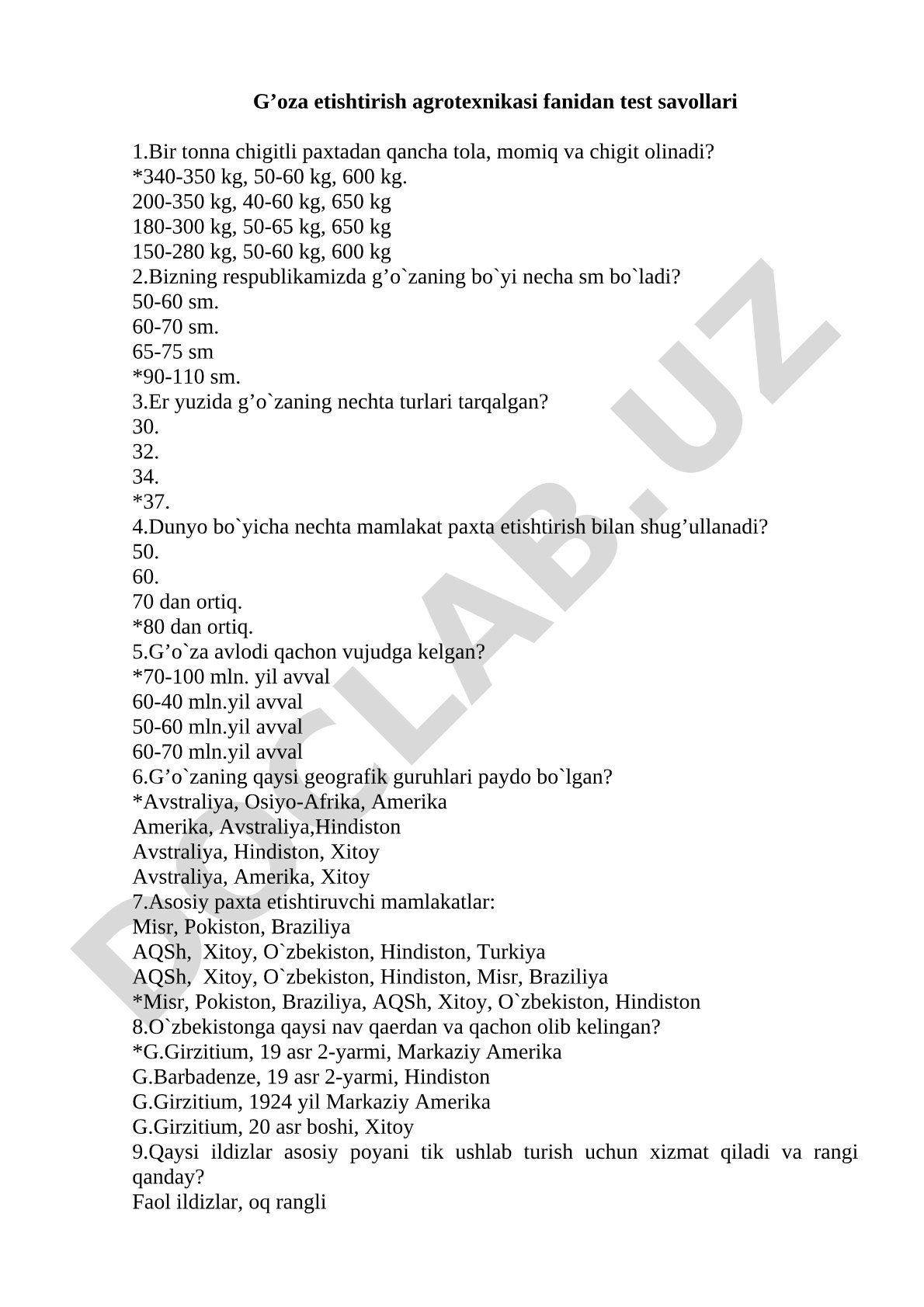 G‘oza etishtirish agrotexnikasi fanidan test savollari