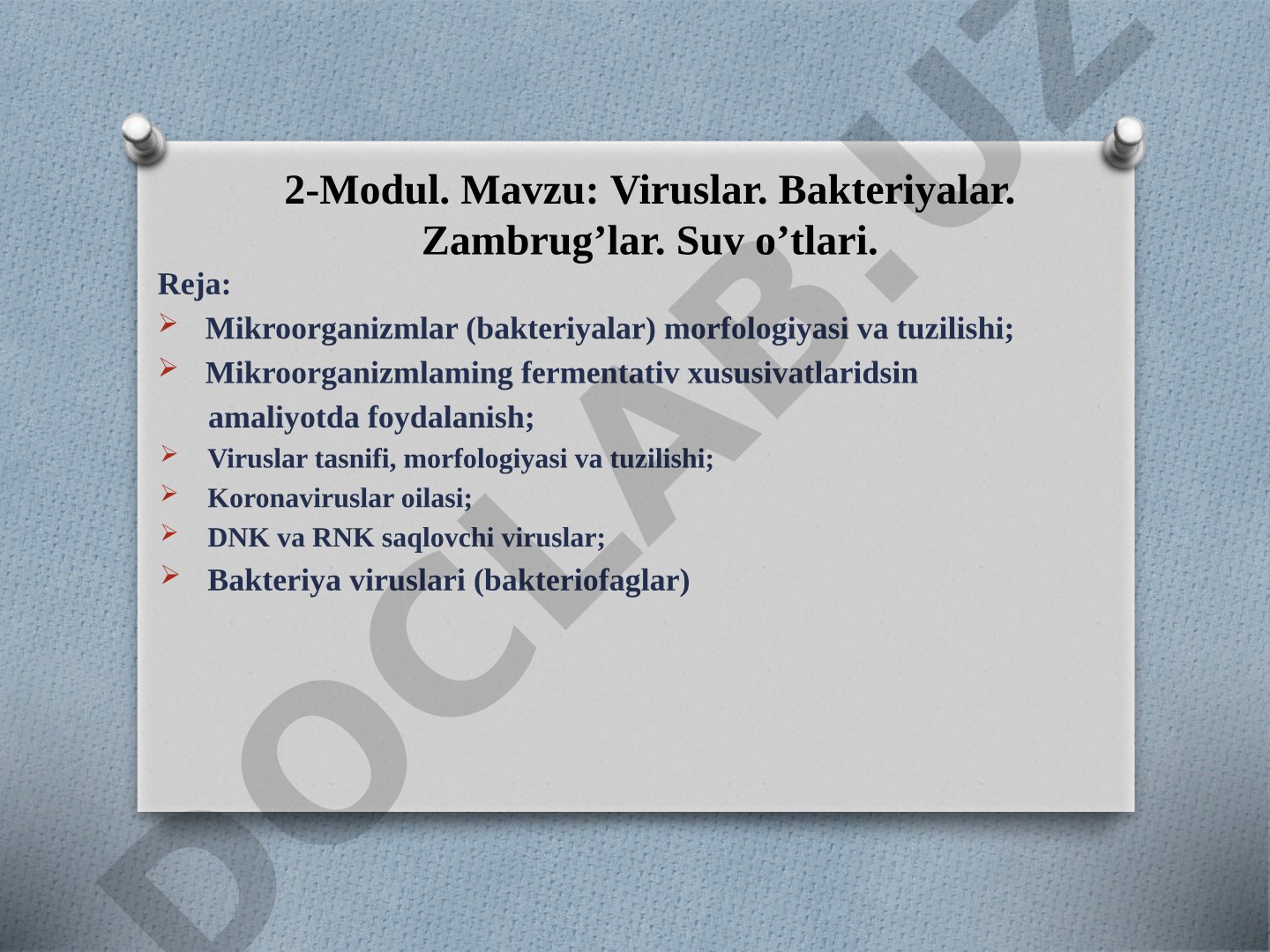 Viruslar. Bakteriyalar. Zambrug'lar. Suv o'tlari.