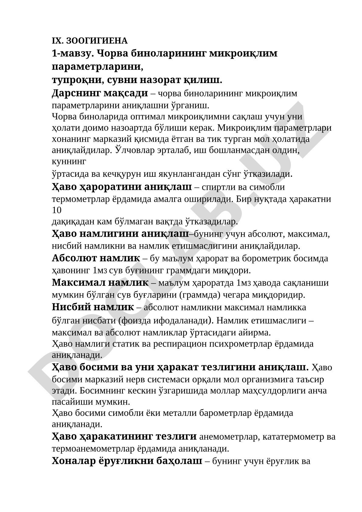 Chorva binolarining mikroiqlim parametrlarini, tuproqni, suvni nazorat qilish