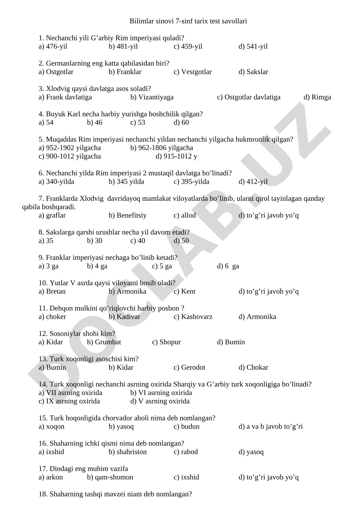 Bilimlar sinovi 7-sinf tarix test savollari