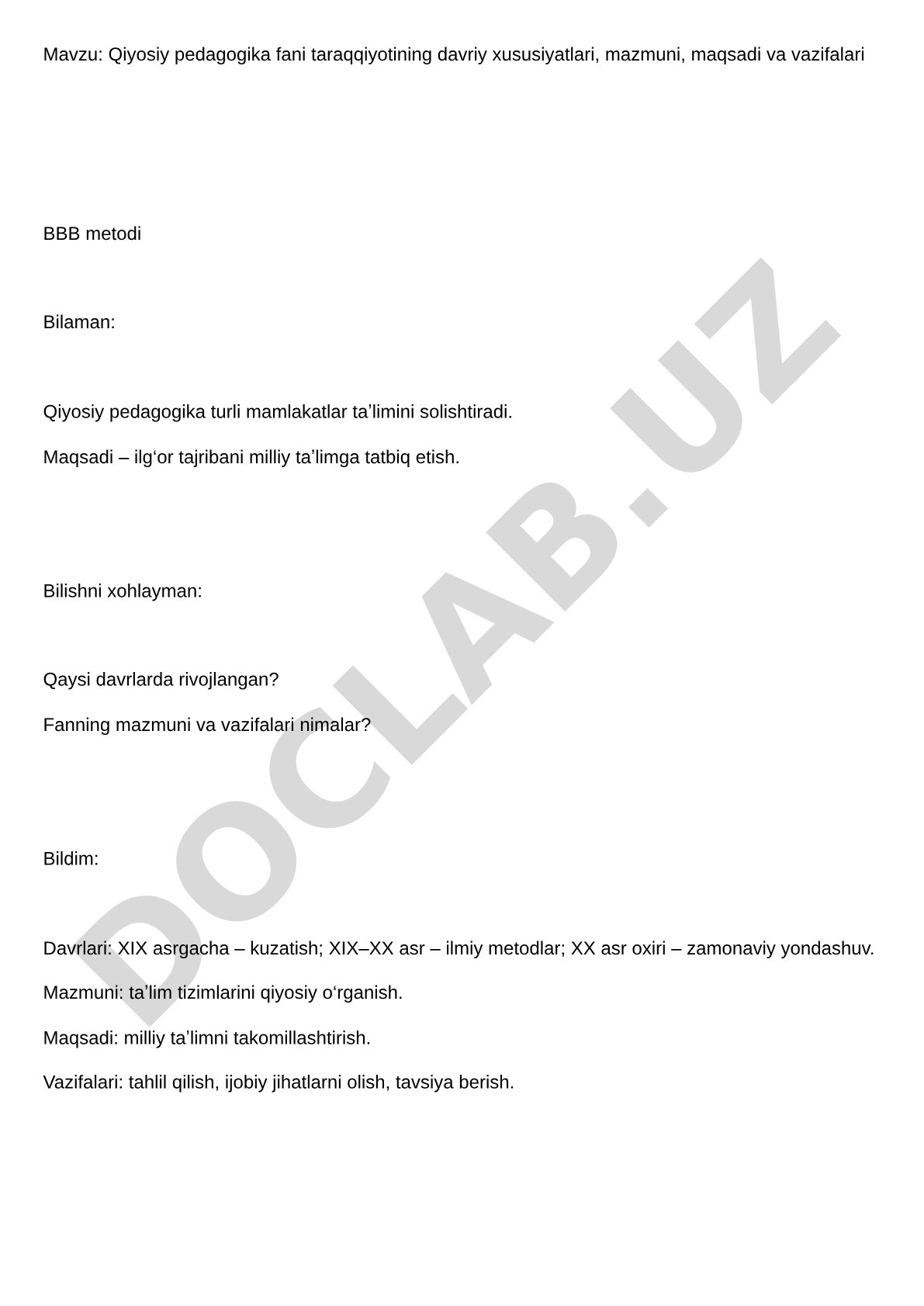 Qiyosiy pedagogika fani taraqqiyotining davriy xususiyatlari, mazmuni, maqsadi va vazifalari