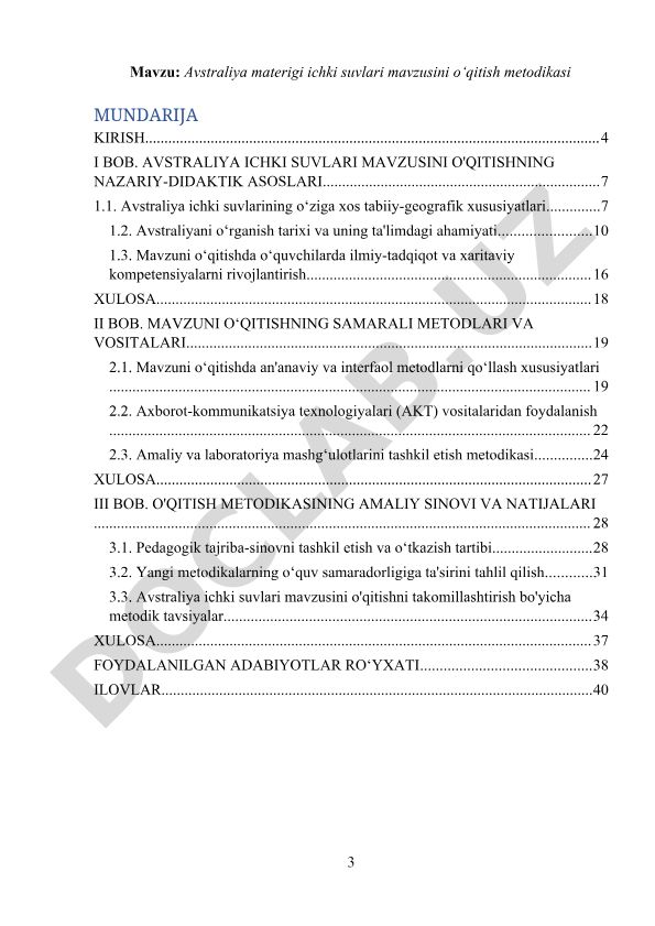 Avstraliya materigi ichki suvlari mavzusini o‘qitish metodikasi