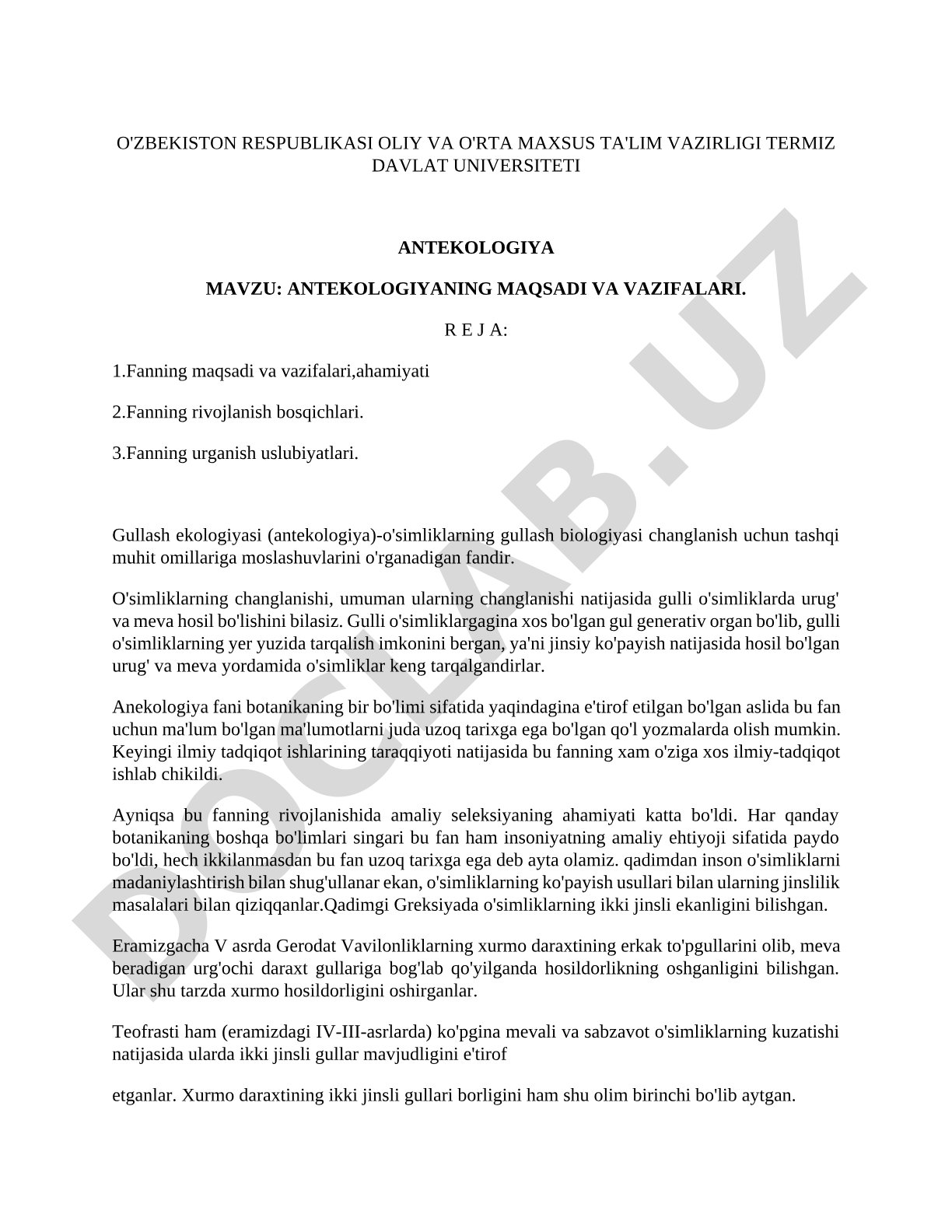 Antekologiyaning maqsadi va vazifalari