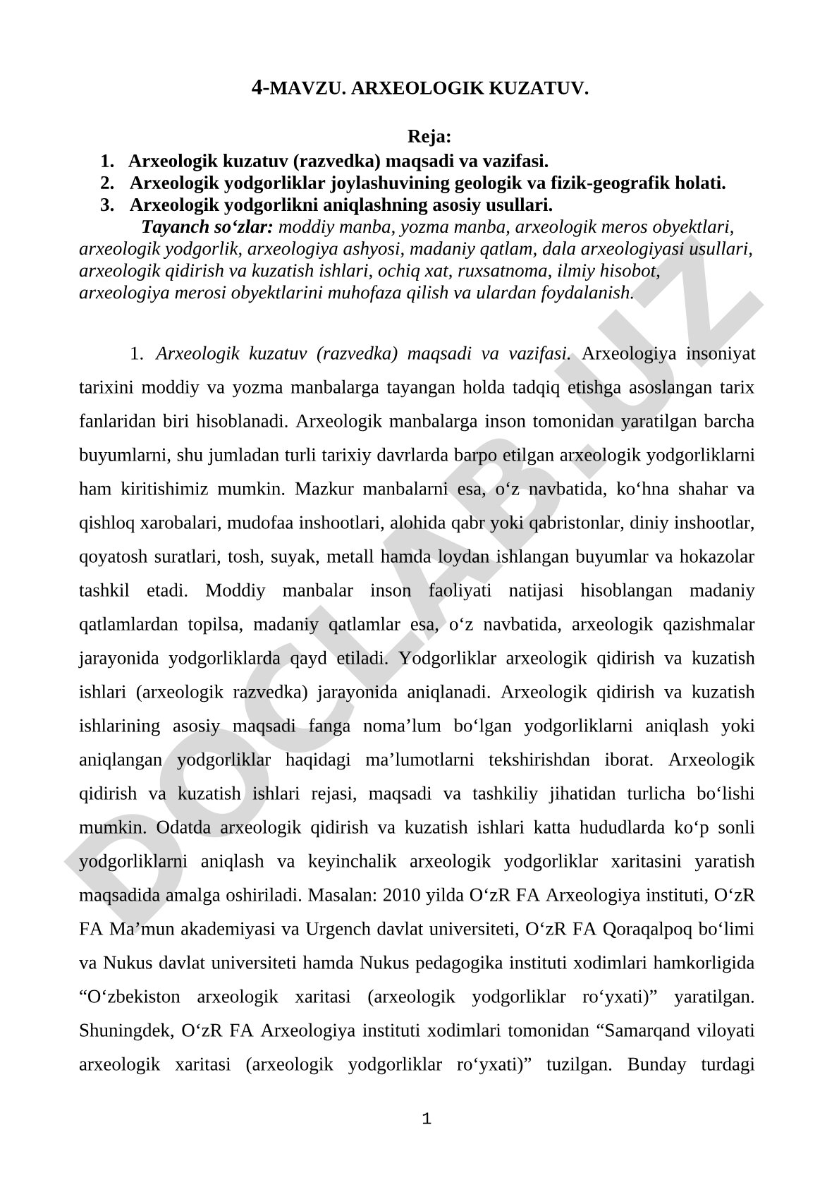 Arxeologik kuzatuvning maqsadi, vazifalari va yodgorliklarni aniqlash usullari