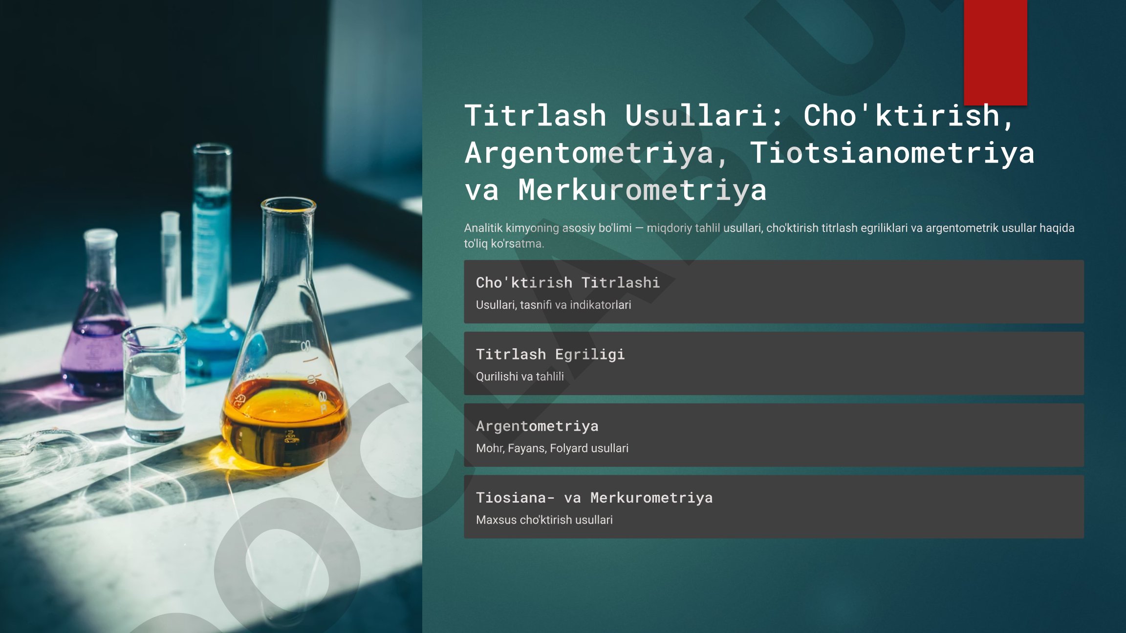 Cho'ktirish titrlash usullari: argentometriya, tiotsianometriya va merkurometriya