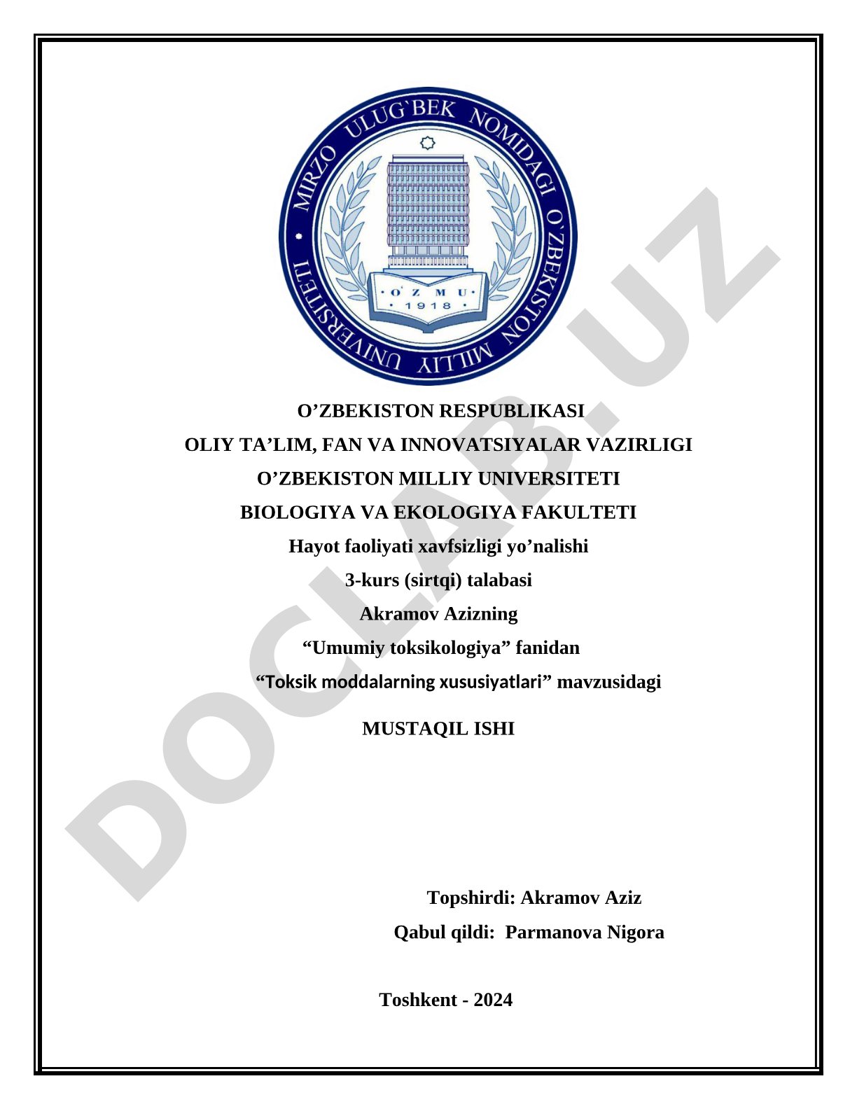 Toksik moddalarning xususiyatlari