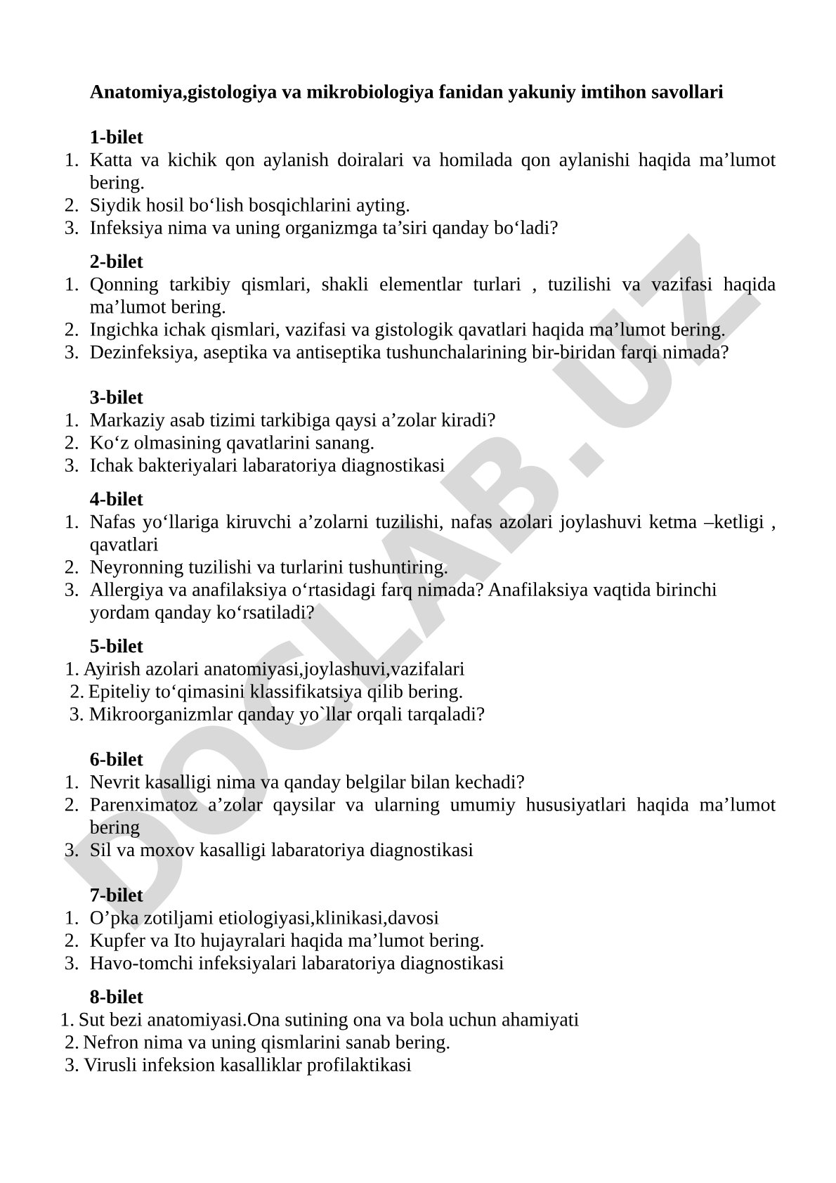 Anatomiya, gistologiya va mikrobiologiya fanidan yakuniy imtihon savollari