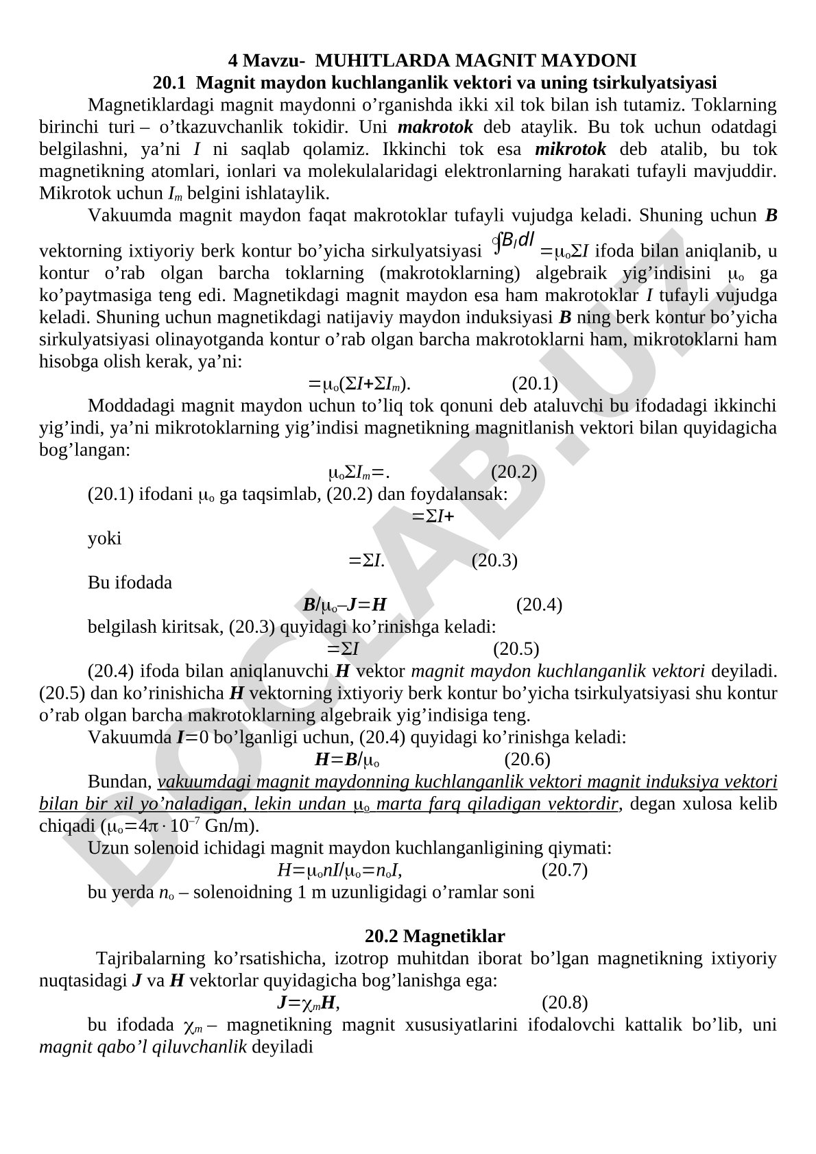 Muhitlarda magnit maydoni kuchlanganlik vektori va uning tsirkulyatsiyasi