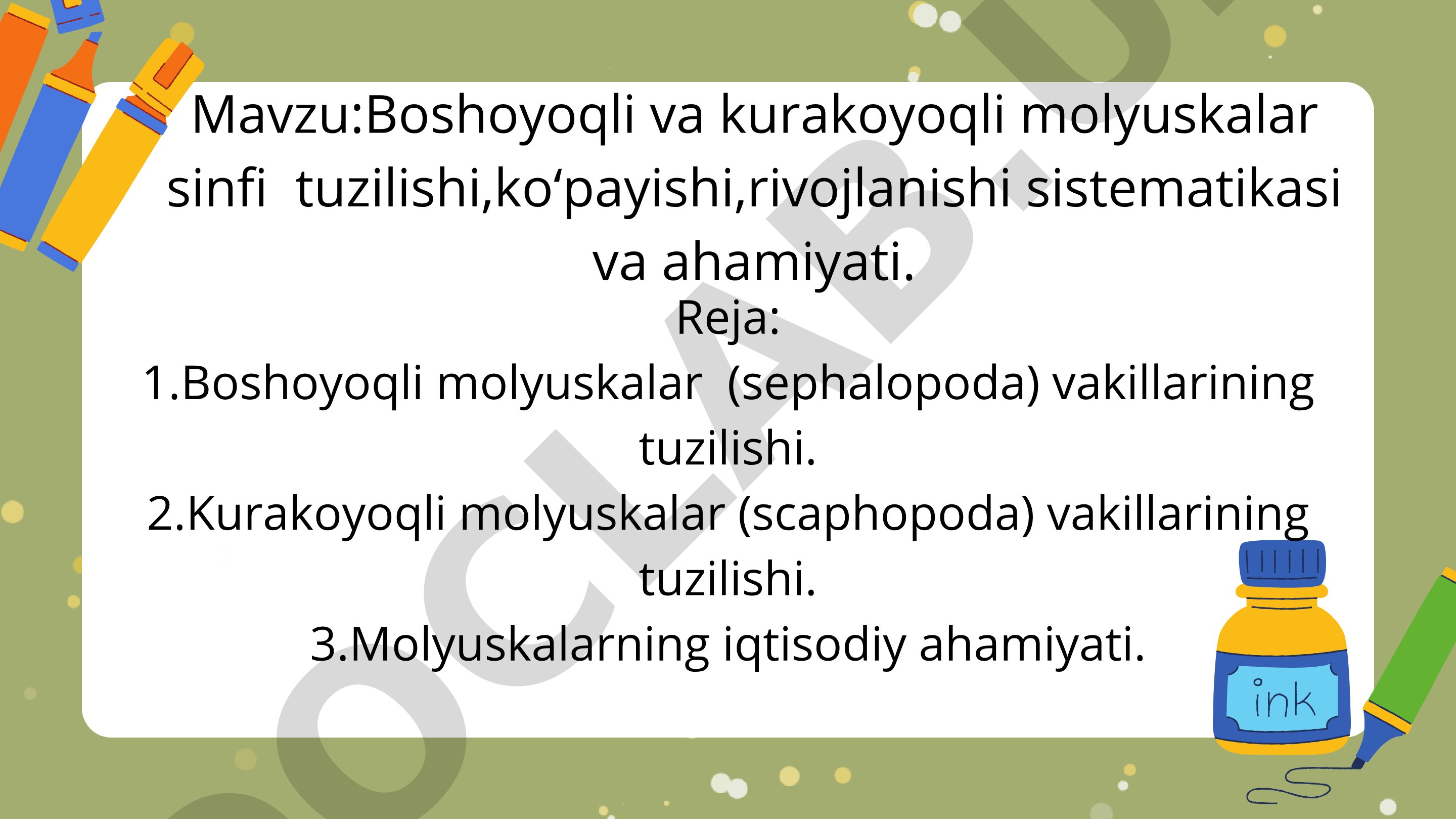 Boshoyoqli va kurakoyoqli molyuskalar sinfi tuzilishi, ko‘payishi, rivojlanishi sistematikasi va ahamiyati