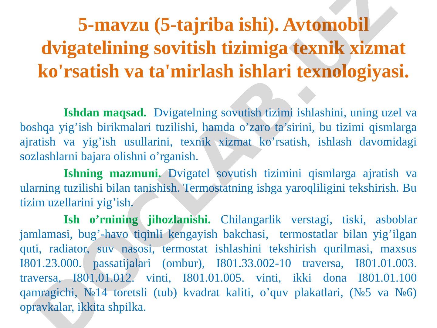 Avtomobil dvigatelining sovitish tizimiga texnik xizmat ko'rsatish va ta'mirlash ishlari texnologiyasi