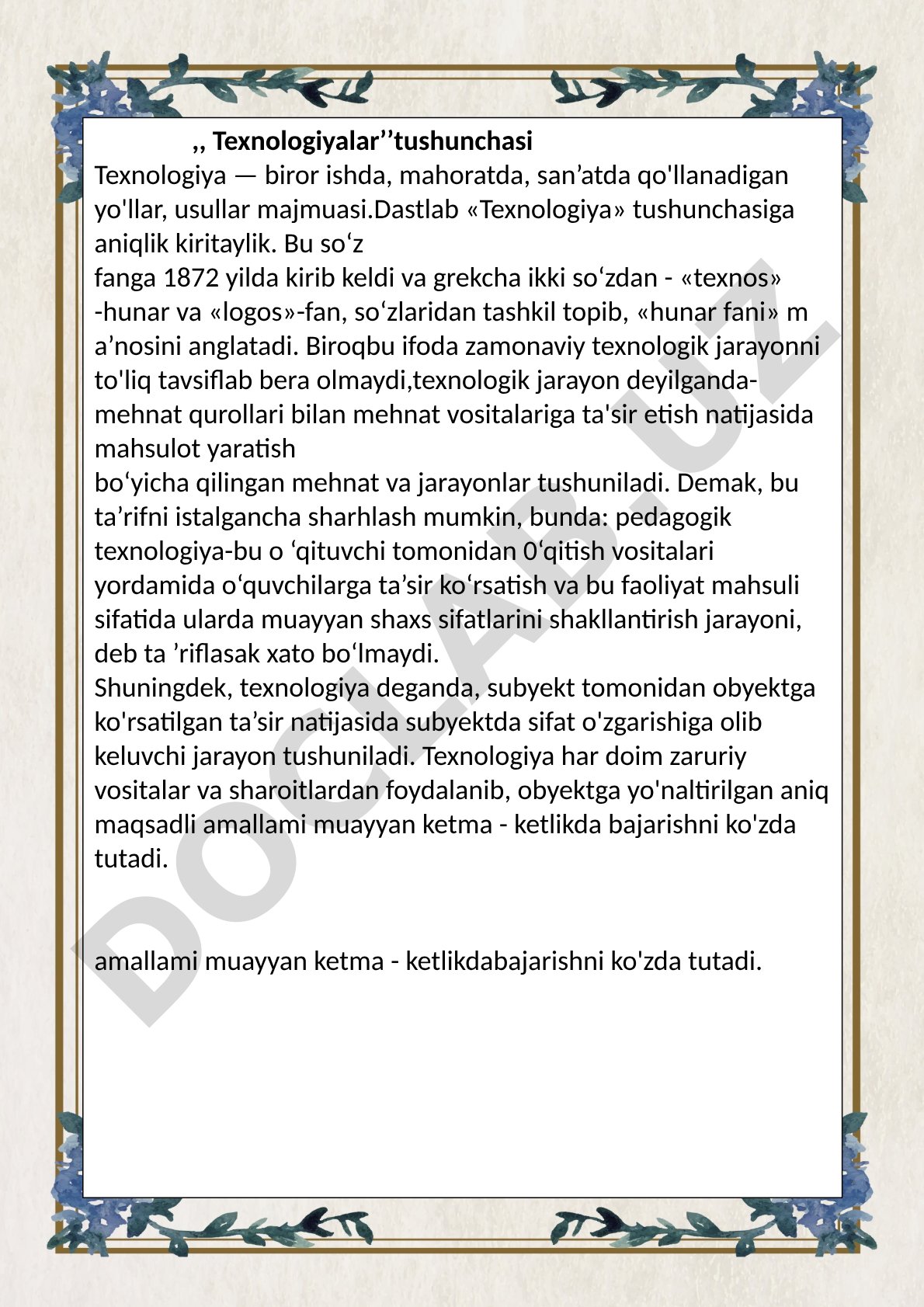 Texnologiya tushunchasi, uning kelib chiqishi va pedagogik texnologiya haqida