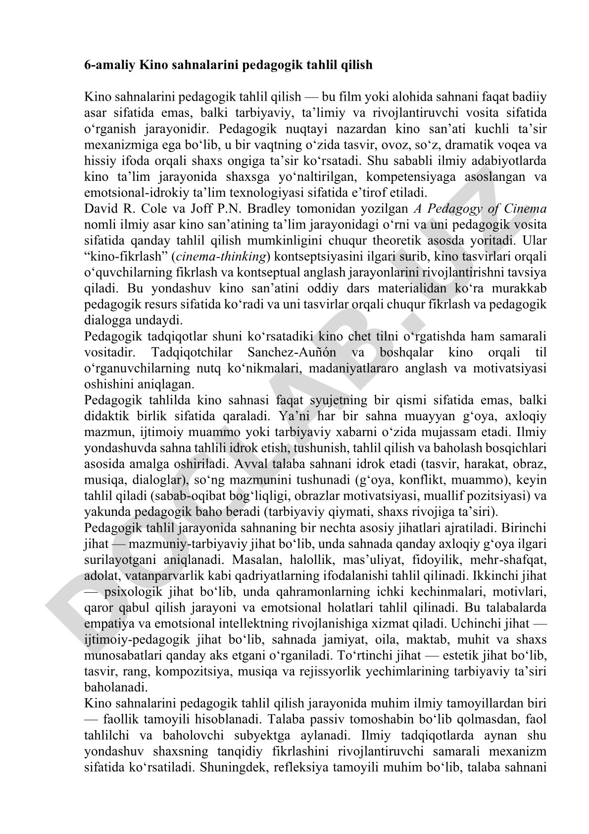 Kino sahnalarini pedagogik tahlil qilish