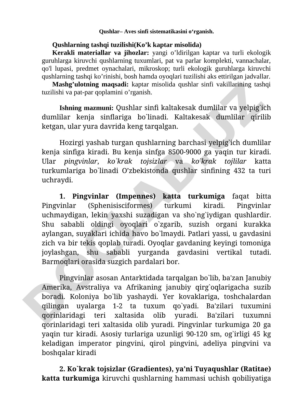 Qushlar sinfi sistematikasi va tashqi tuzilishi (Ko'k kaptar misolida)