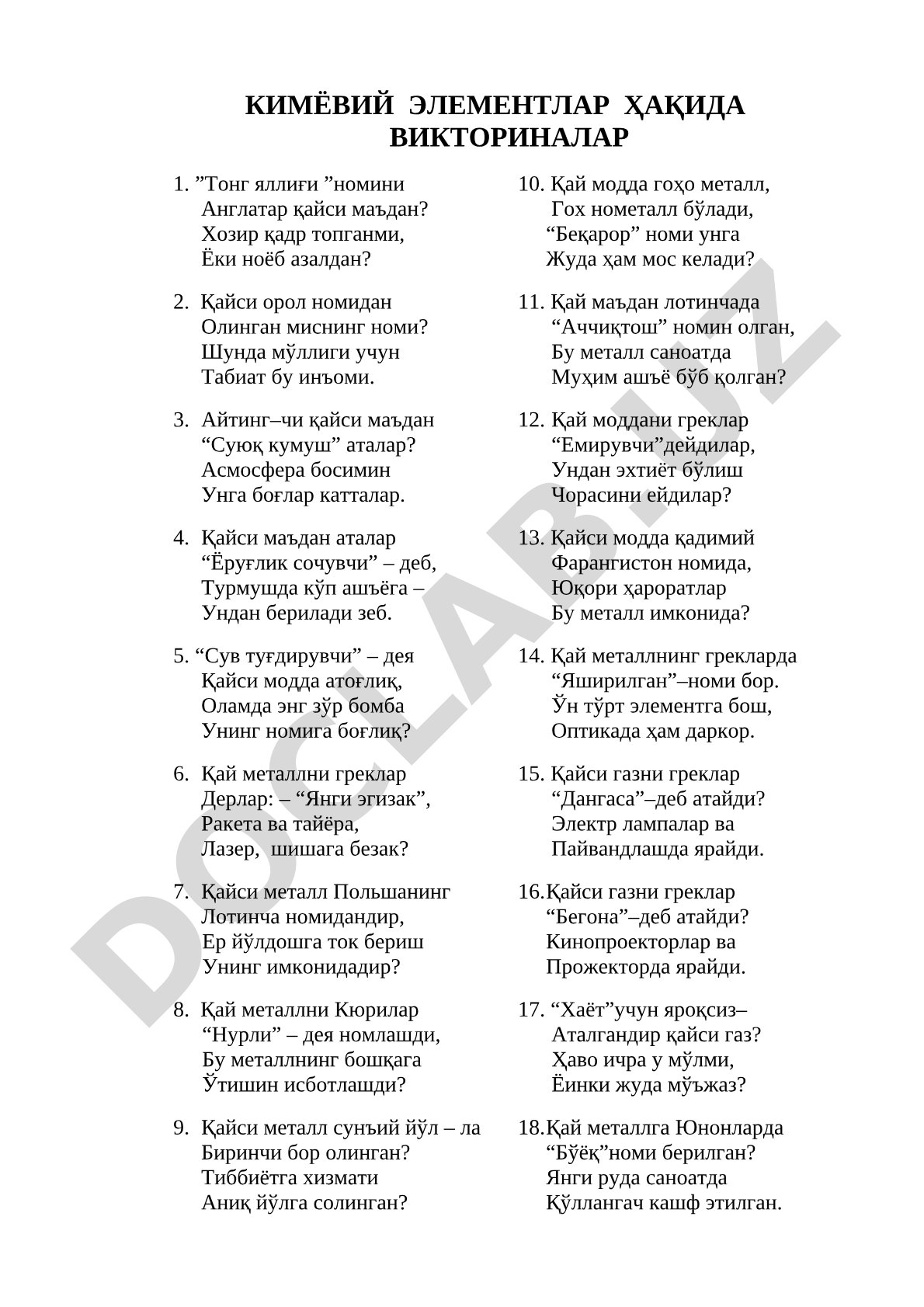 Kimyoviy elementlar haqida viktorinalar