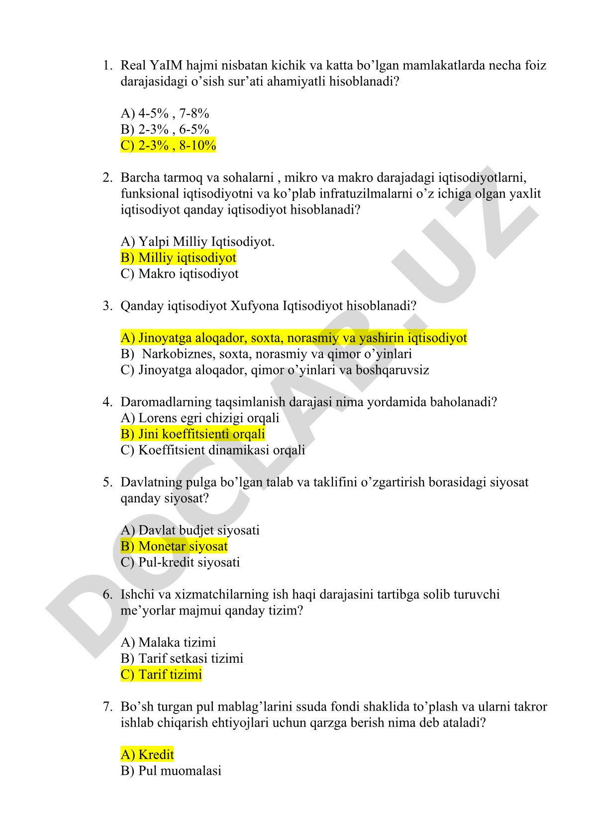Makroiqtisodiyot bo'yicha ko'p tanlovli test savollari