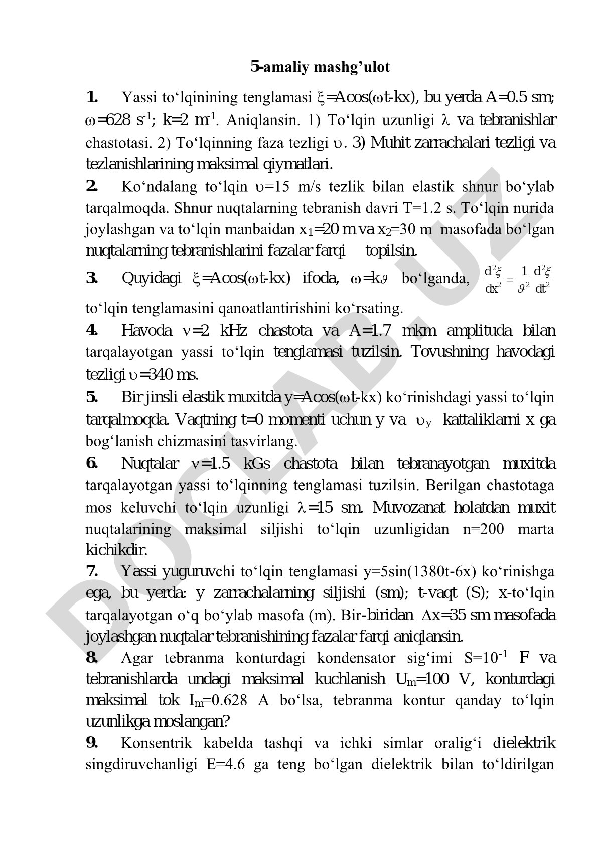 Yassi to‘lqinining tenglamasi