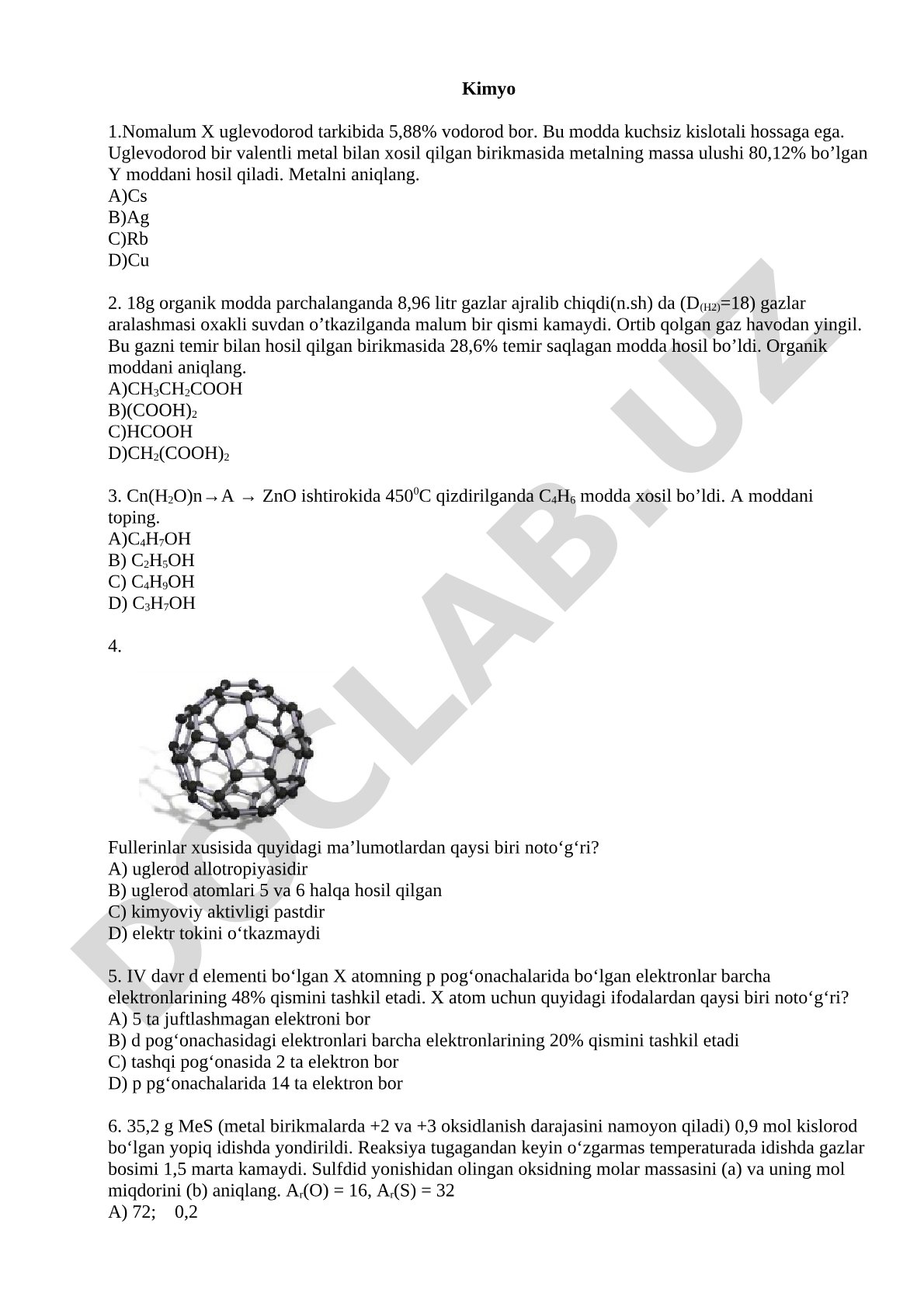 Kimyo fanidan uglevodorodlar va fullerenlarga oid masalalar