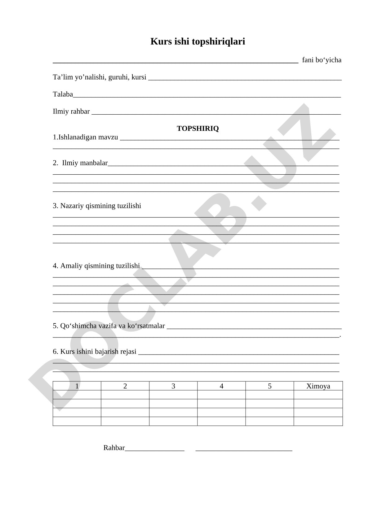 Kurs ishi topshiriqlari