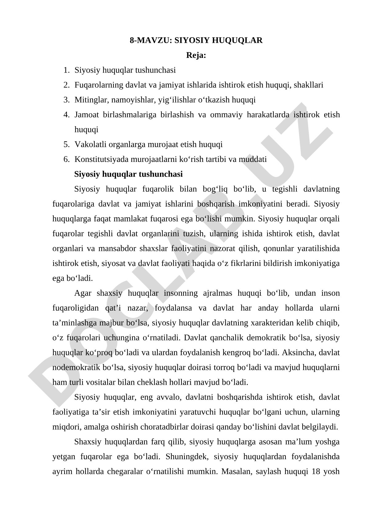 Siyosiy huquqlar tushunchasi, fuqarolarning davlat ishlarida ishtirok etish shakllari