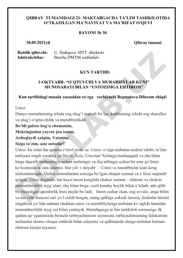 O'qituvchi va murabbiylar kuni munosabati bilan 'Ustozimga ehtirom' ma'naviy bayoni