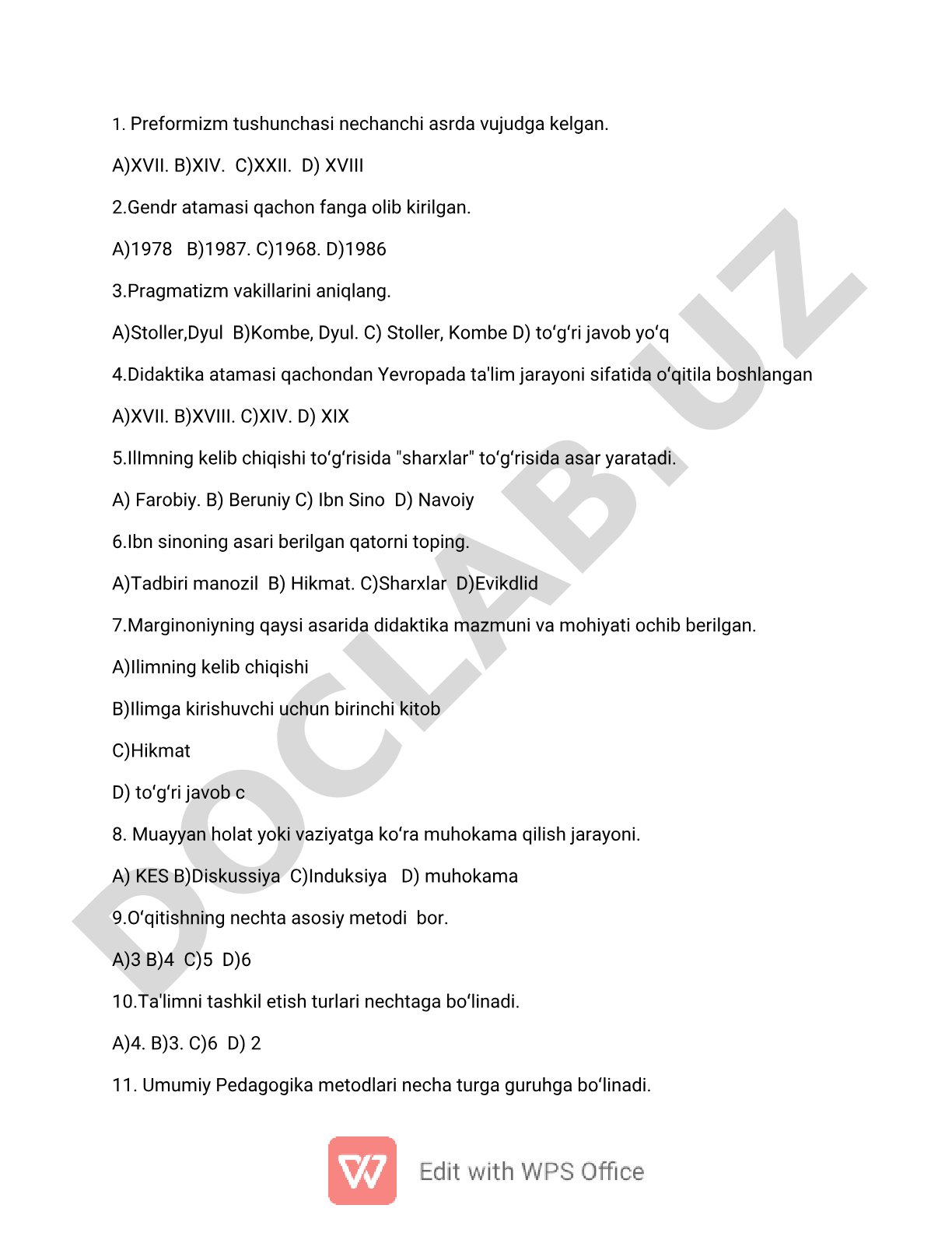 Pedagogika va didaktika fanidan test savollari